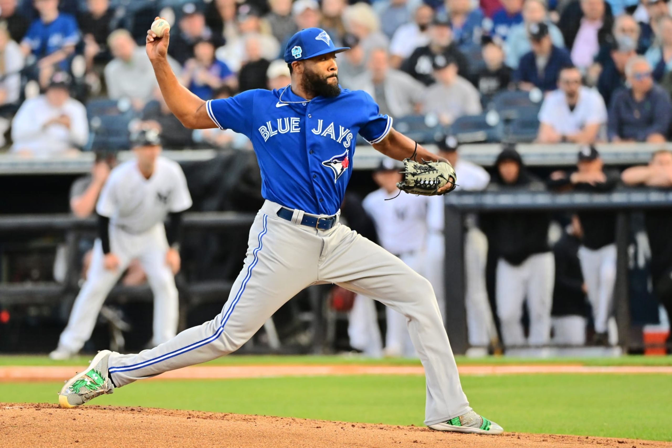 TAMPA, FLORIDA - MARCH 14: Jay Jackson #64 of the Toronto Blue Jays delivers a pitch to the New York Yankees in the first inning during a Grapefruit League Spring Training Game at George M. Steinbrenner Field on March 14, 2023 in Tampa, Florida. (Photo by Julio Aguilar/Getty Images)