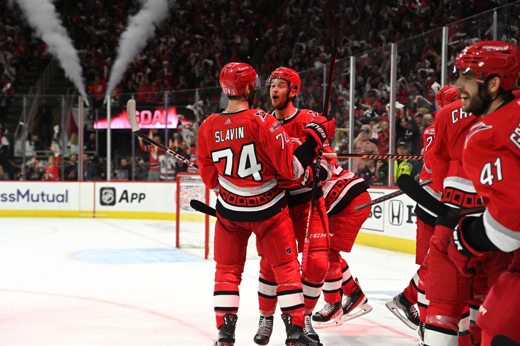 RALEIGH, NC - MAY 11: Members of the Carolina Hurricanes celebrate winning game 5 of the second round of the Stanley Cup Playoffs between the New Jersey Devils and the Carolina Hurricanes on May 11, 2023 at PNC Arena in Raleigh, North Carolina. (Photo by Katherine Gawlik/Icon Sportswire via Getty Images)