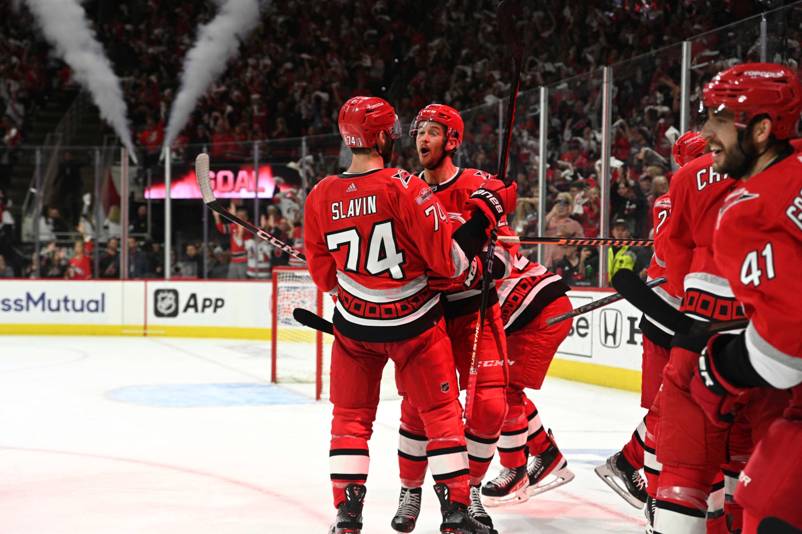 RALEIGH, NC - MAY 11: Members of the Carolina Hurricanes celebrate winning game 5 of the second round of the Stanley Cup Playoffs between the New Jersey Devils and the Carolina Hurricanes on May 11, 2023 at PNC Arena in Raleigh, North Carolina. (Photo by Katherine Gawlik/Icon Sportswire via Getty Images) RALEIGH, NC - MAY 11: Members of the Carolina Hurricanes celebrate winning game 5 of the second round of the Stanley Cup Playoffs between the New Jersey Devils and the Carolina Hurricanes on May 11, 2023 at PNC Arena in Raleigh, North Carolina. (Photo by Katherine Gawlik/Icon Sportswire via Getty Images)