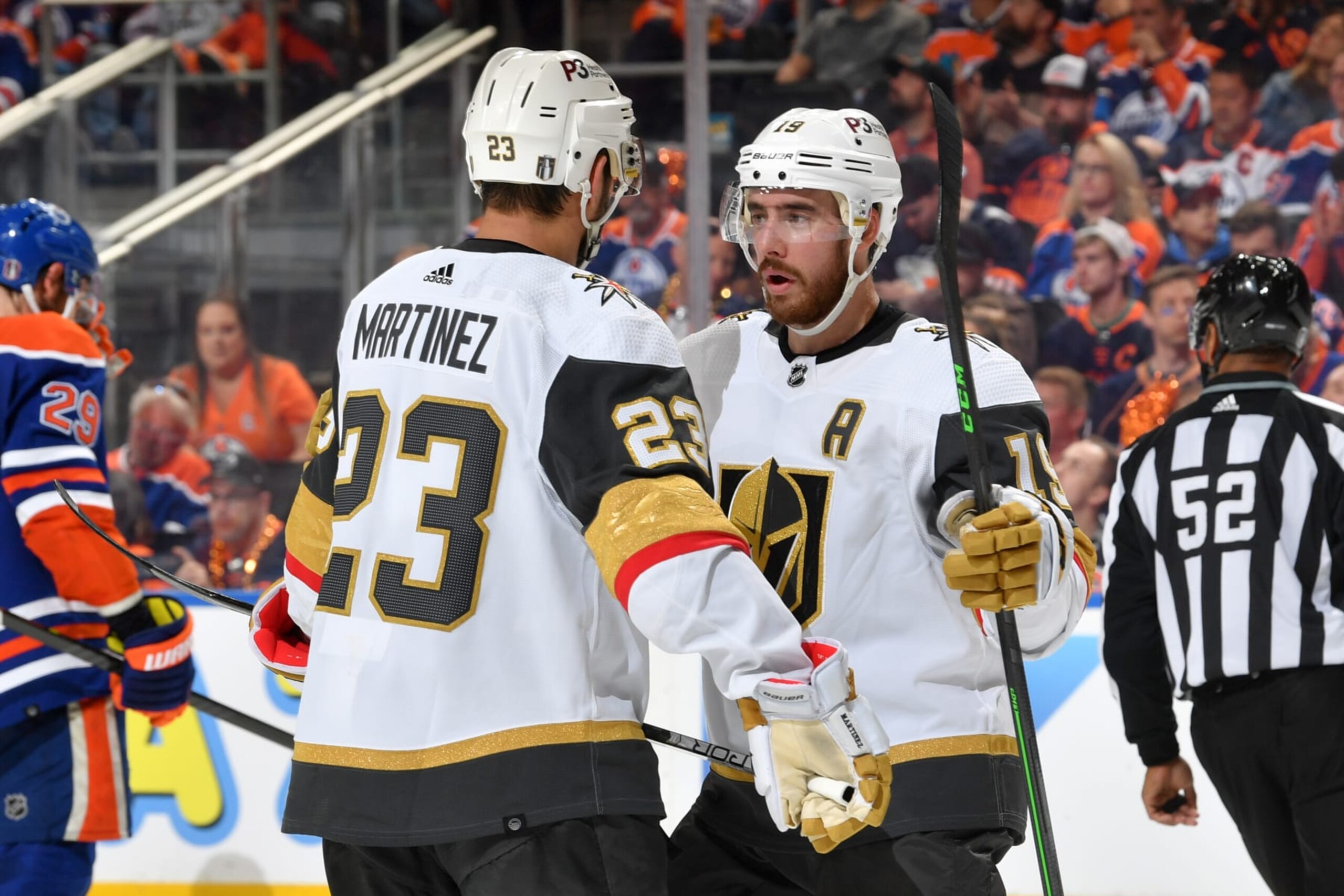 EDMONTON, CANADA - MAY 14 Alec Martinez #23 and Reilly Smith #19 of the Vegas Golden Knights discuss the play during a stoppage in play in Game Six of the Second Round of the 2023 Stanley Cup Playoffs at Rogers Place on May 14, 2023, in Edmonton, Alberta, Canada. (Photo by Andy Devlin/NHLI via Getty Images) EDMONTON, CANADA - MAY 14 Alec Martinez #23 and Reilly Smith #19 of the Vegas Golden Knights discuss the play during a stoppage in play in Game Six of the Second Round of the 2023 Stanley Cup Playoffs at Rogers Place on May 14, 2023, in Edmonton, Alberta, Canada. (Photo by Andy Devlin/NHLI via Getty Images)