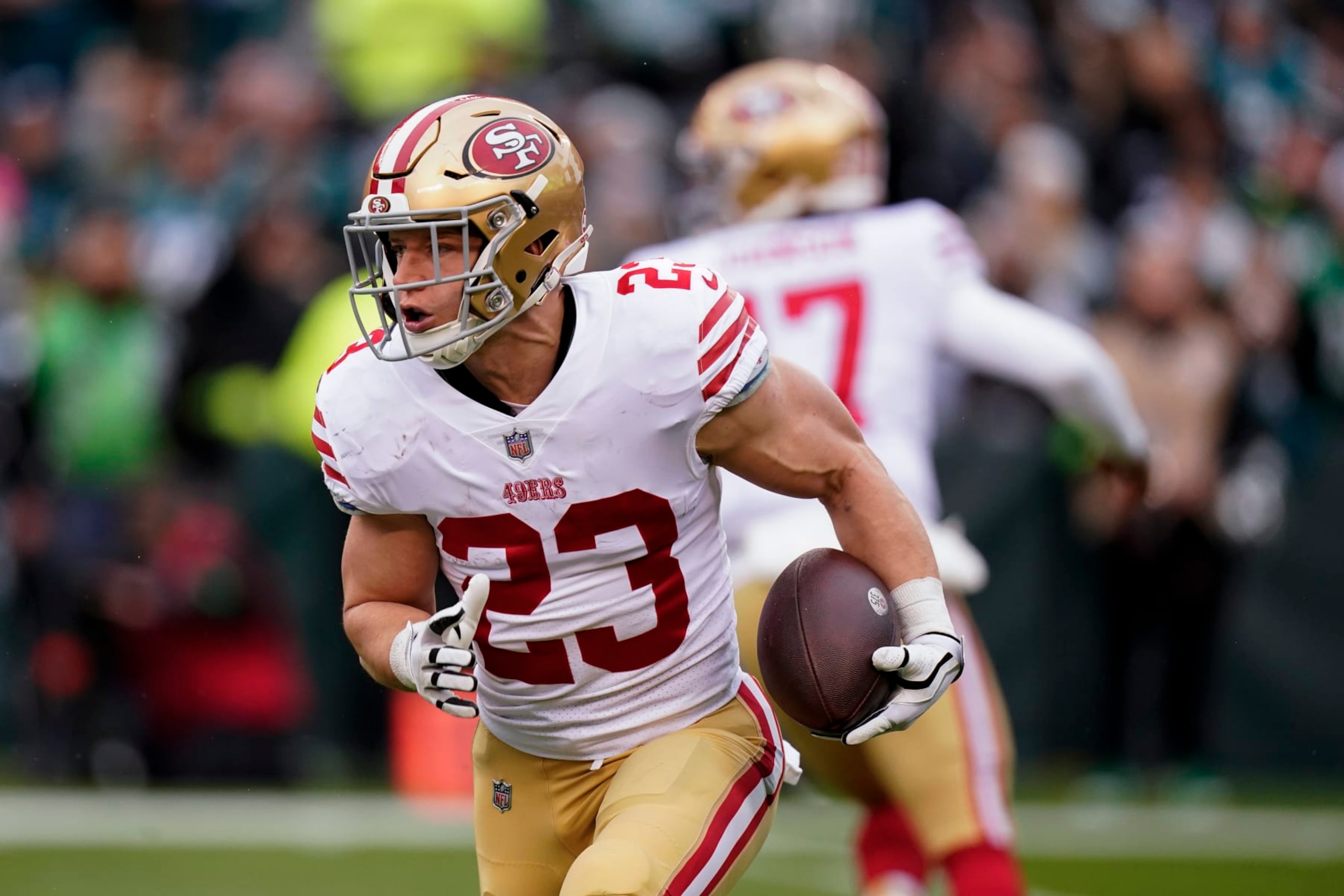 San Francisco 49ers running back Christian McCaffrey runs during the first half of the NFC Championship NFL football game between the Philadelphia Eagles and the San Francisco 49ers on Sunday, Jan. 29, 2023, in Philadelphia. (AP Photo/Chris Szagola)