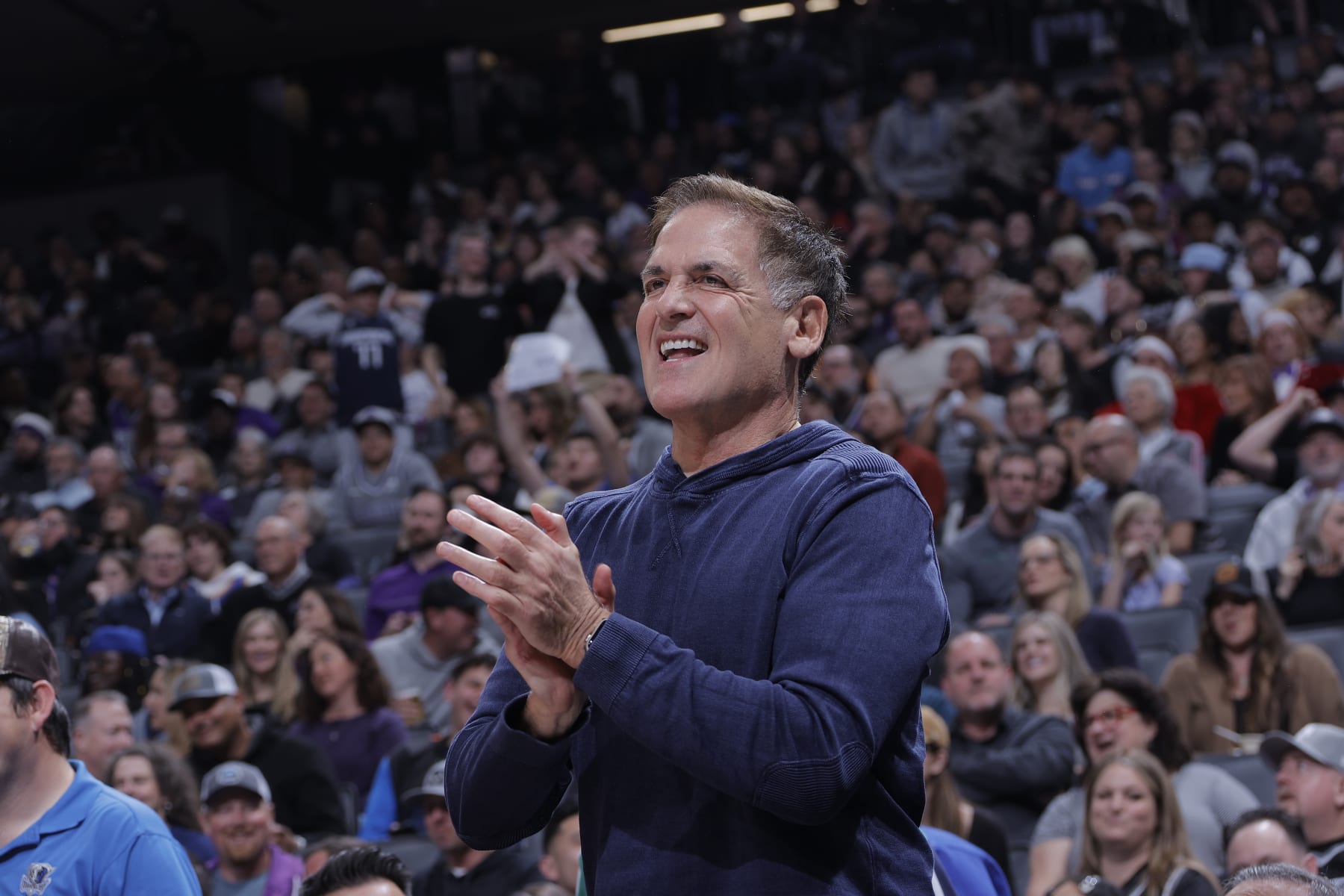 SACRAMENTO, CA - FEBRUARY 11: Dallas Mavericks owner Mark Cuban celebrates during the game against the Sacramento Kings on February 11, 2023 at Golden 1 Center in Sacramento, California. NOTE TO USER: User expressly acknowledges and agrees that, by downloading and or using this photograph, User is consenting to the terms and conditions of the Getty Images Agreement. Mandatory Copyright Notice: Copyright 2023 NBAE (Photo by Rocky Widner/NBAE via Getty Images)
