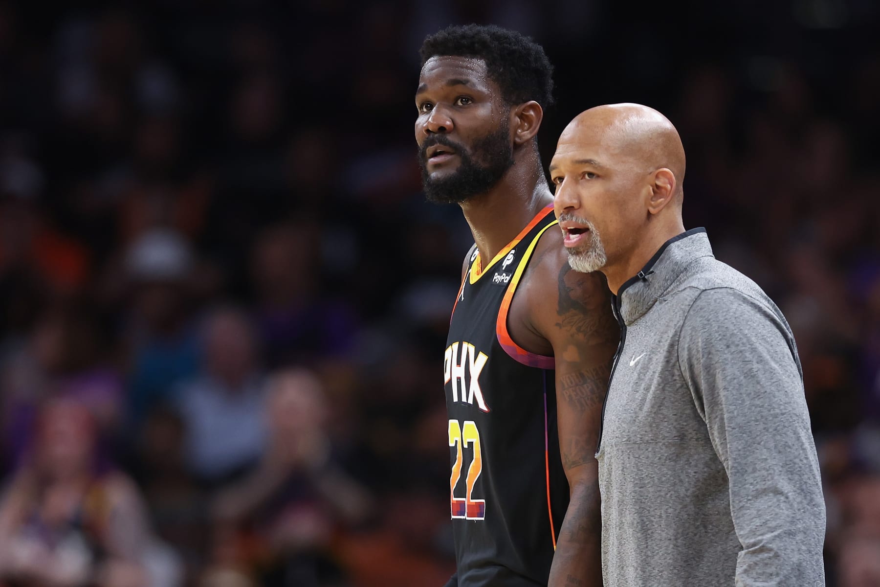PHOENIX, ARIZONA - MAY 07: Deandre Ayton #22 and head coach Monty Williams of the Phoenix Suns during Game Four of the NBA Western Conference Semifinals at Footprint Center on May 07, 2023 in Phoenix, Arizona. The Suns defeated the Nuggets 129-124. NOTE TO USER: User expressly acknowledges and agrees that, by downloading and or using this photograph, User is consenting to the terms and conditions of the Getty Images License Agreement.  (Photo by Christian Petersen/Getty Images)