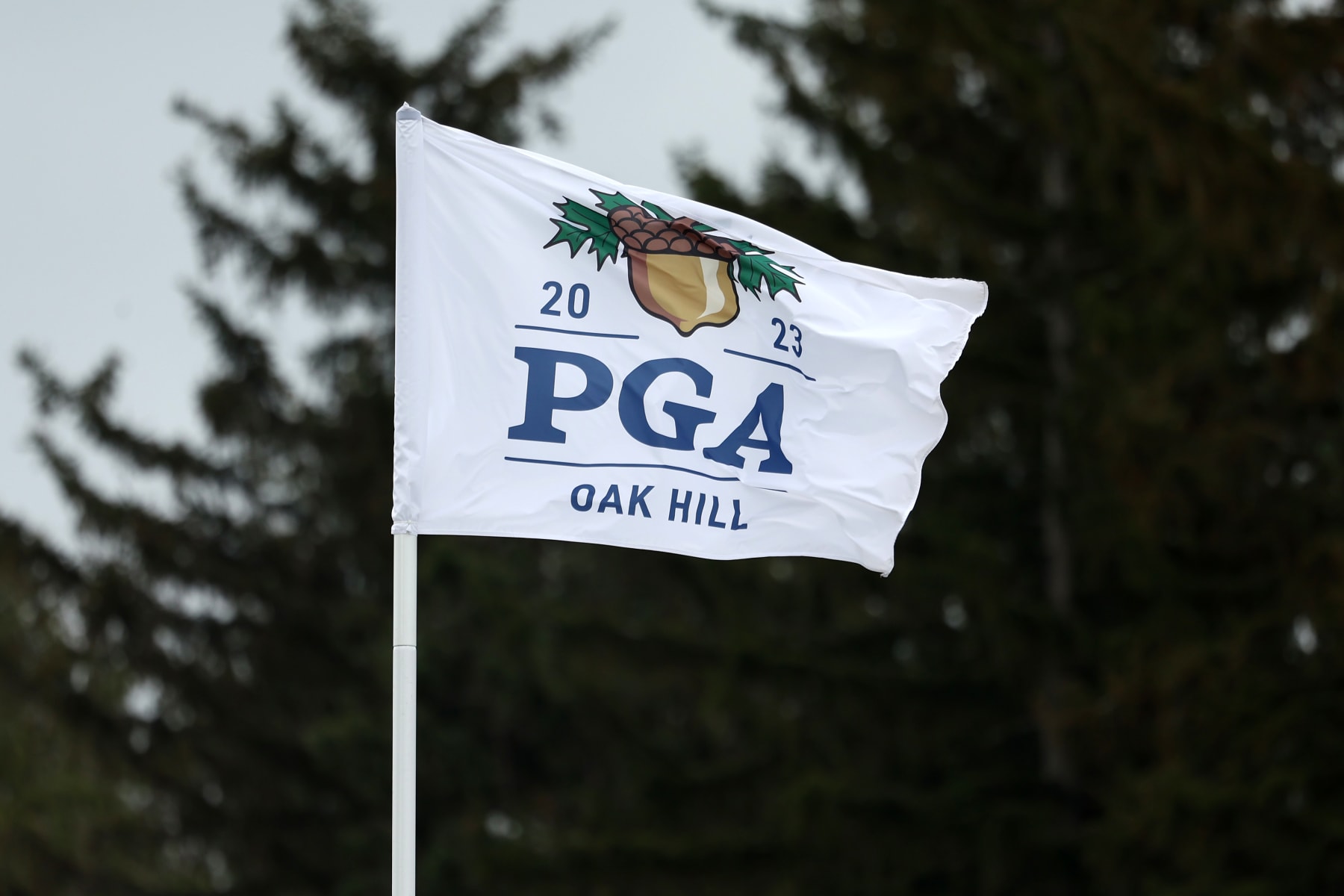 ROCHESTER, NEW YORK - MAY 17: A PGA Championship flag blows in the breeze during a practice round prior to the 2023 PGA Championship at Oak Hill Country Club on May 17, 2023 in Rochester, New York. (Photo by Maddie Meyer/PGA of America via Getty Images)