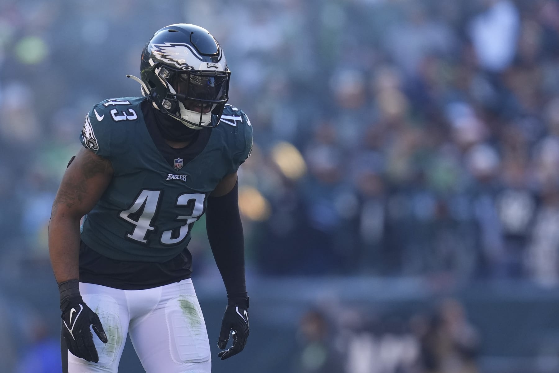 PHILADELPHIA, PA - DECEMBER 04: Kyzir White #43 of the Philadelphia Eagles looks on against the Tennessee Titans at Lincoln Financial Field on December 4, 2022 in Philadelphia, Pennsylvania. (Photo by Mitchell Leff/Getty Images)