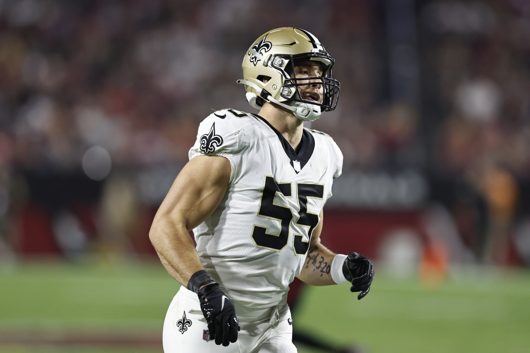 GLENDALE, ARIZONA - OCTOBER 20: Kaden Elliss #55 of the New Orleans Saints runs during an NFL football game between the Arizona Cardinals and the New Orleans Saints at State Farm Stadium on October 20, 2022 in Glendale, Arizona. (Photo by Michael Owens/Getty Images)