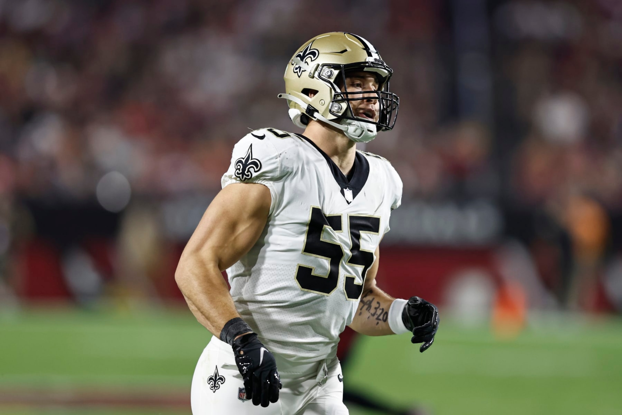 GLENDALE, ARIZONA - OCTOBER 20: Kaden Elliss #55 of the New Orleans Saints runs during an NFL football game between the Arizona Cardinals and the New Orleans Saints at State Farm Stadium on October 20, 2022 in Glendale, Arizona. (Photo by Michael Owens/Getty Images)
