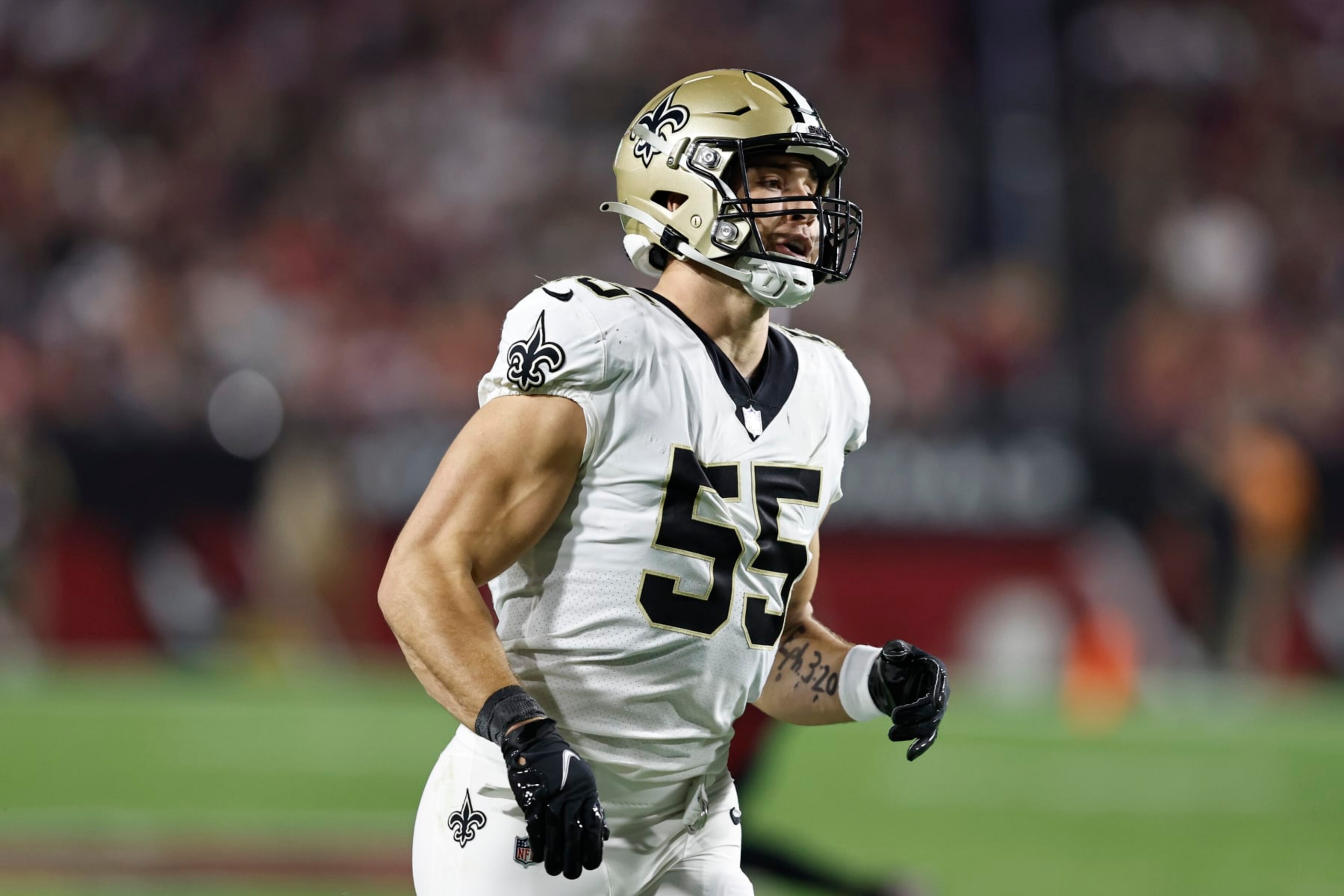 GLENDALE, ARIZONA - OCTOBER 20: Kaden Elliss #55 of the New Orleans Saints runs during an NFL football game between the Arizona Cardinals and the New Orleans Saints at State Farm Stadium on October 20, 2022 in Glendale, Arizona. (Photo by Michael Owens/Getty Images)