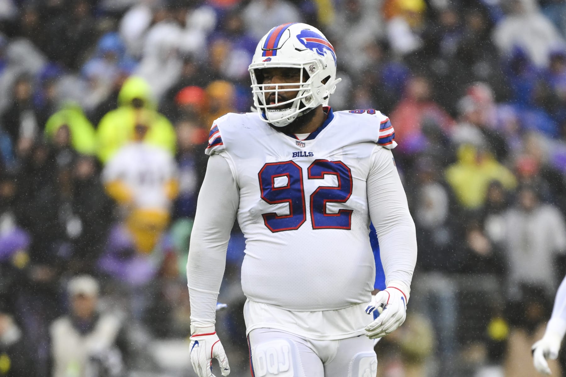 Buffalo Bills defensive tackle DaQuan Jones (92) looks on between plays during the second half of a NFL football game against the Baltimore Ravens, Sunday, Oct. 2, 2022, in Baltimore. (AP Photo/Terrance Williams)