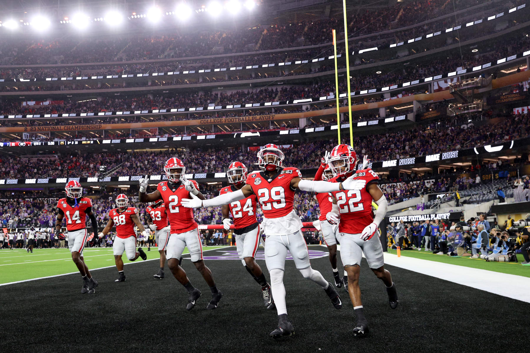 INGLEWOOD, CALIFORNIA - JANUARY 09: Javon Bullard #22 of the Georgia Bulldogs reacts with teammates after his second interception late in the second quarter against the TCU Horned Frogs in the College Football Playoff National Championship game at SoFi Stadium on January 09, 2023 in Inglewood, California. (Photo by Ezra Shaw/Getty Images)