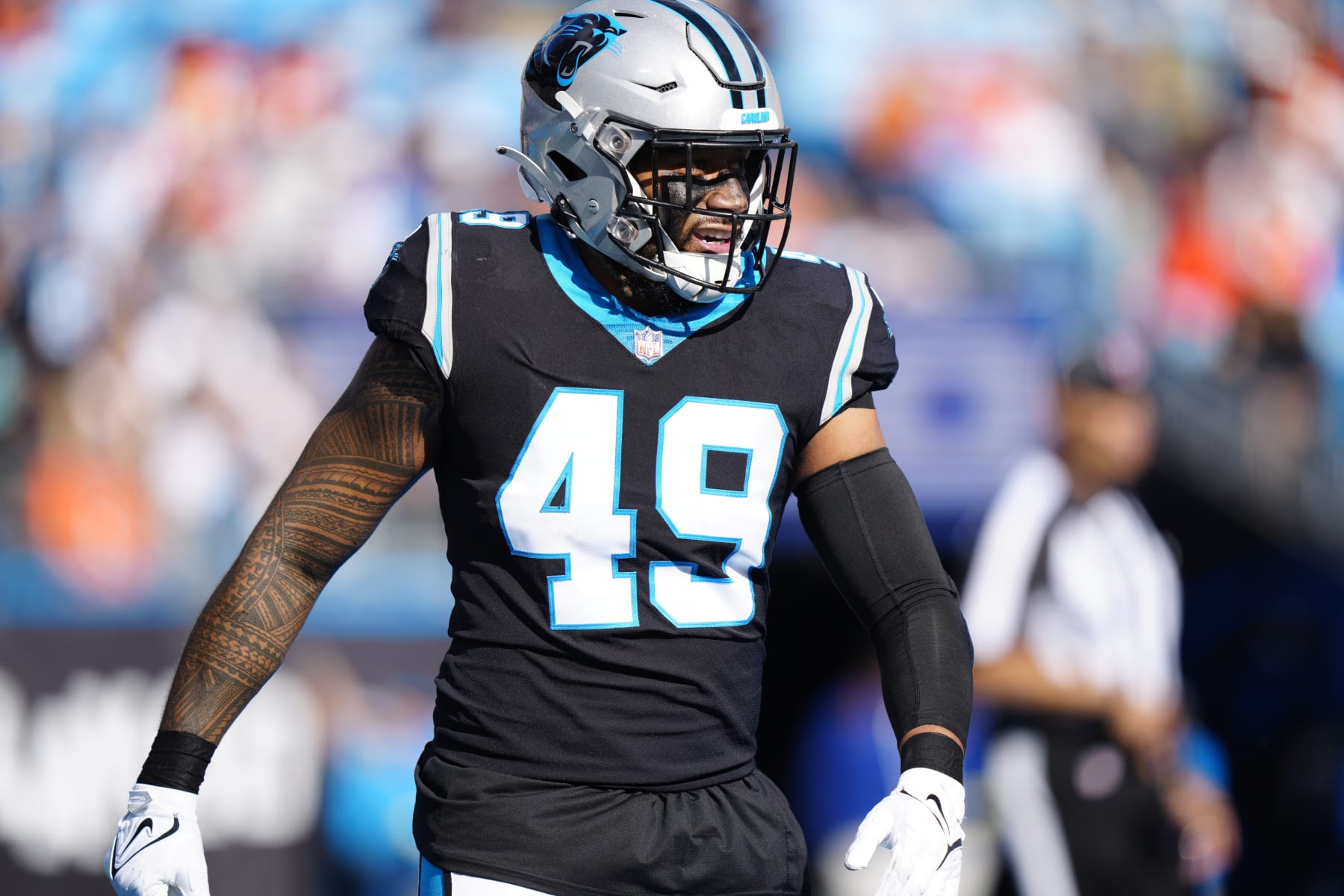 Carolina Panthers linebacker Frankie Luvu celebrates during the first half of an NFL football game between the Carolina Panthers and the Denver Broncos on Sunday, Nov. 27, 2022, in Charlotte, N.C. (AP Photo/Jacob Kupferman)