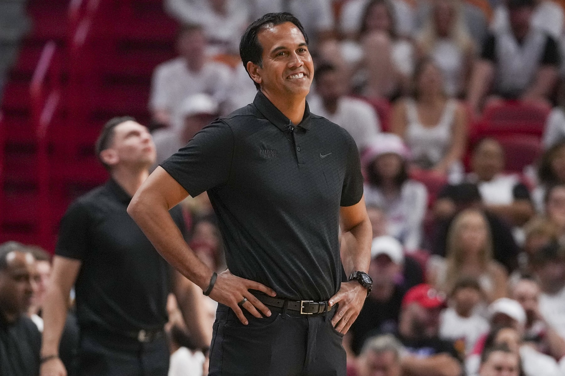 MIAMI, FLORIDA - MAY 06: Head Coach Erik Spoelstra of the Miami Heat reacts to a foul call during game three of the Eastern Conference Semifinals against the New York Knicks at Kaseya Center on May 06, 2023 in Miami, Florida.  NOTE TO USER: User expressly acknowledges and agrees that,  by downloading and or using this photograph,  User is consenting to the terms and conditions of the Getty Images License Agreement. (Photo by Eric Espada/Getty Images)