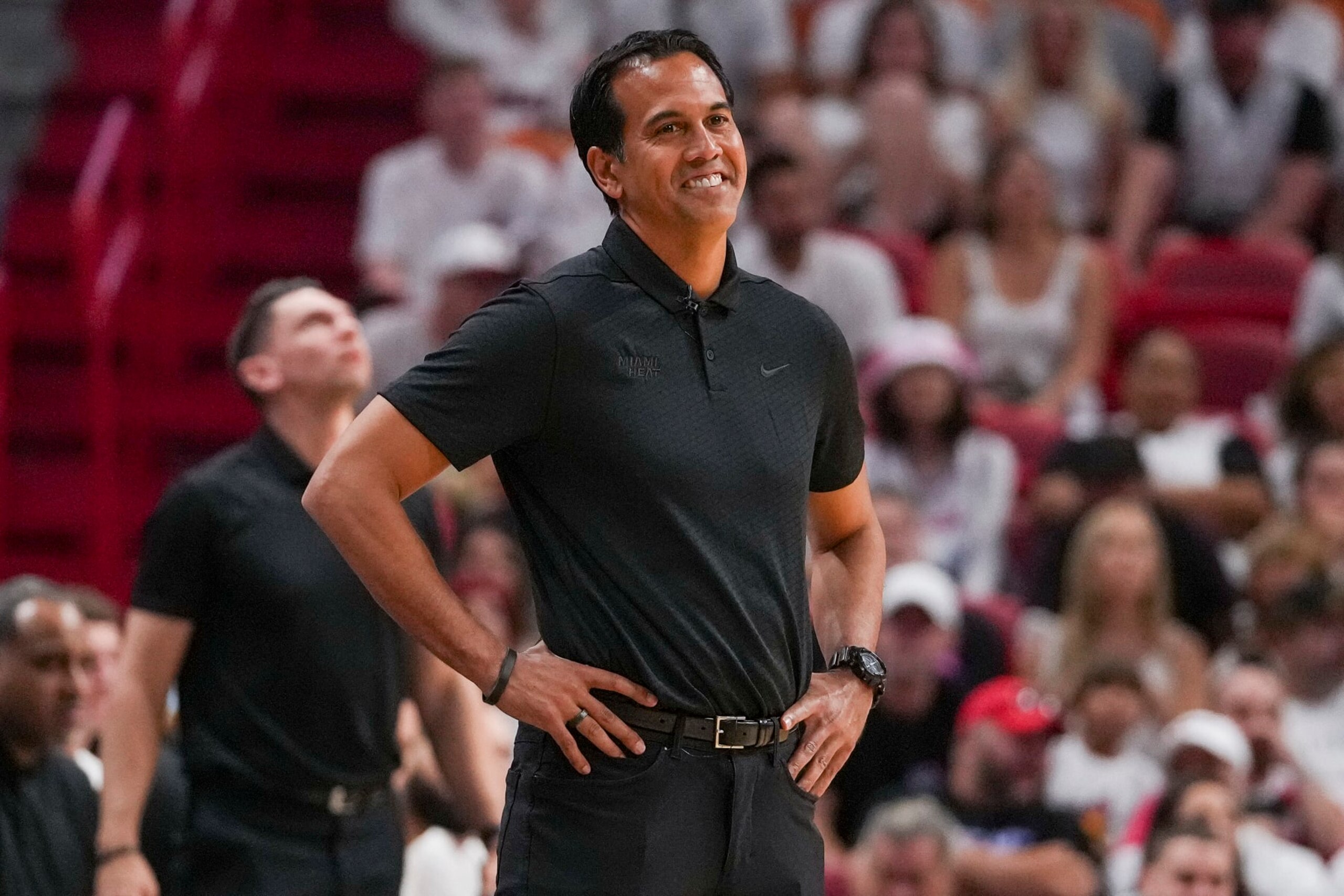 MIAMI, FLORIDA - MAY 06: Head Coach Erik Spoelstra of the Miami Heat reacts to a foul call during game three of the Eastern Conference Semifinals against the New York Knicks at Kaseya Center on May 06, 2023 in Miami, Florida. NOTE TO USER: User expressly acknowledges and agrees that, by downloading and or using this photograph, User is consenting to the terms and conditions of the Getty Images License Agreement. (Photo by Eric Espada/Getty Images) MIAMI, FLORIDA - MAY 06: Head Coach Erik Spoelstra of the Miami Heat reacts to a foul call during game three of the Eastern Conference Semifinals against the New York Knicks at Kaseya Center on May 06, 2023 in Miami, Florida. NOTE TO USER: User expressly acknowledges and agrees that, by downloading and or using this photograph, User is consenting to the terms and conditions of the Getty Images License Agreement. (Photo by Eric Espada/Getty Images)