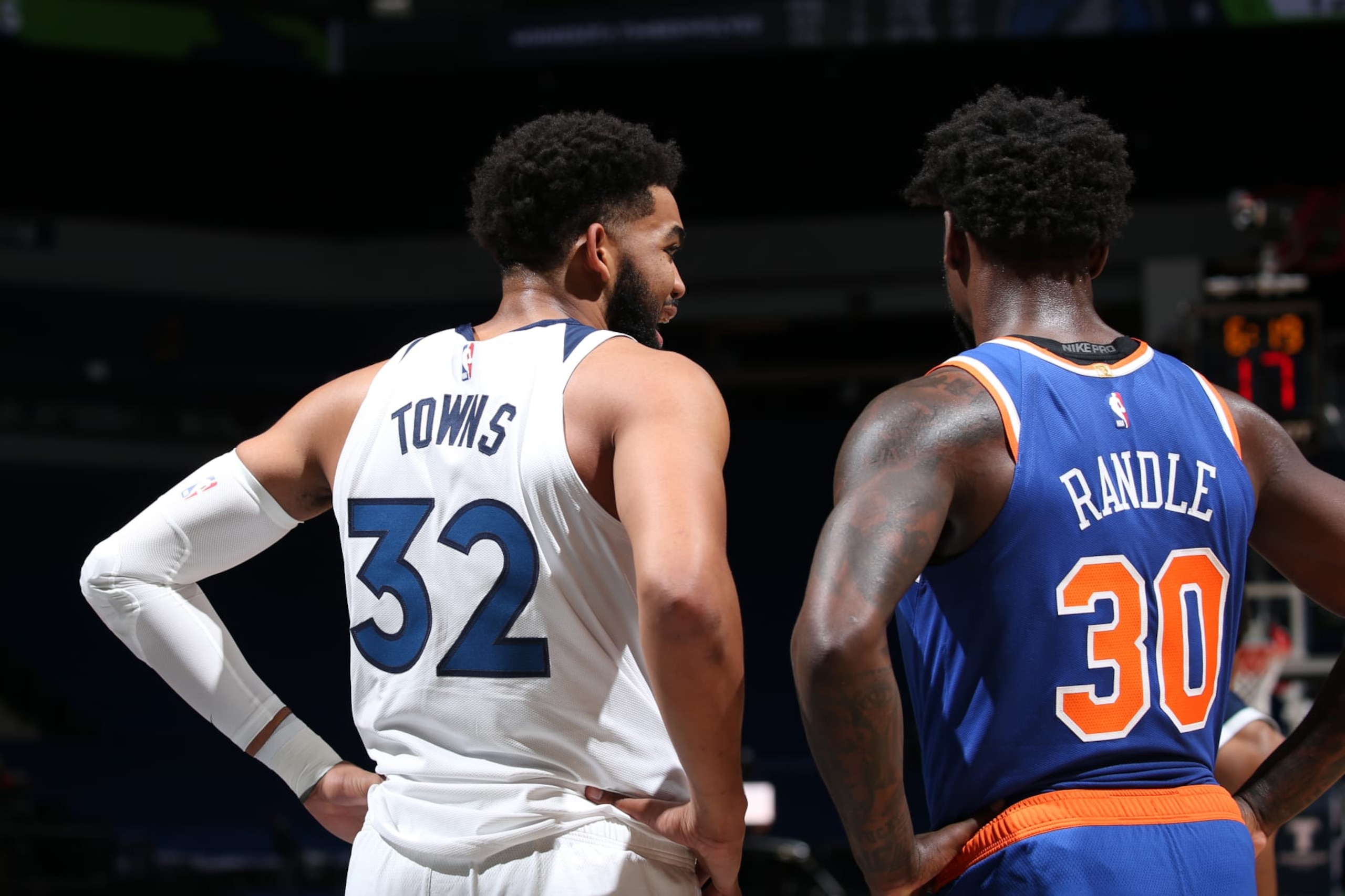 MINNEAPOLIS, MN - MARCH 31: Karl-Anthony Towns #32 of the Minnesota Timberwolves talks with Julius Randle #30 of the New York Knicks during the game on March 31, 2021 at Target Center in Minneapolis, Minnesota. NOTE TO USER: User expressly acknowledges and agrees that, by downloading and or using this Photograph, user is consenting to the terms and conditions of the Getty Images License Agreement. Mandatory Copyright Notice: Copyright 2021 NBAE (Photo by David Sherman/NBAE via Getty Images) MINNEAPOLIS, MN - MARCH 31: Karl-Anthony Towns #32 of the Minnesota Timberwolves talks with Julius Randle #30 of the New York Knicks during the game on March 31, 2021 at Target Center in Minneapolis, Minnesota. NOTE TO USER: User expressly acknowledges and agrees that, by downloading and or using this Photograph, user is consenting to the terms and conditions of the Getty Images License Agreement. Mandatory Copyright Notice: Copyright 2021 NBAE (Photo by David Sherman/NBAE via Getty Images)
