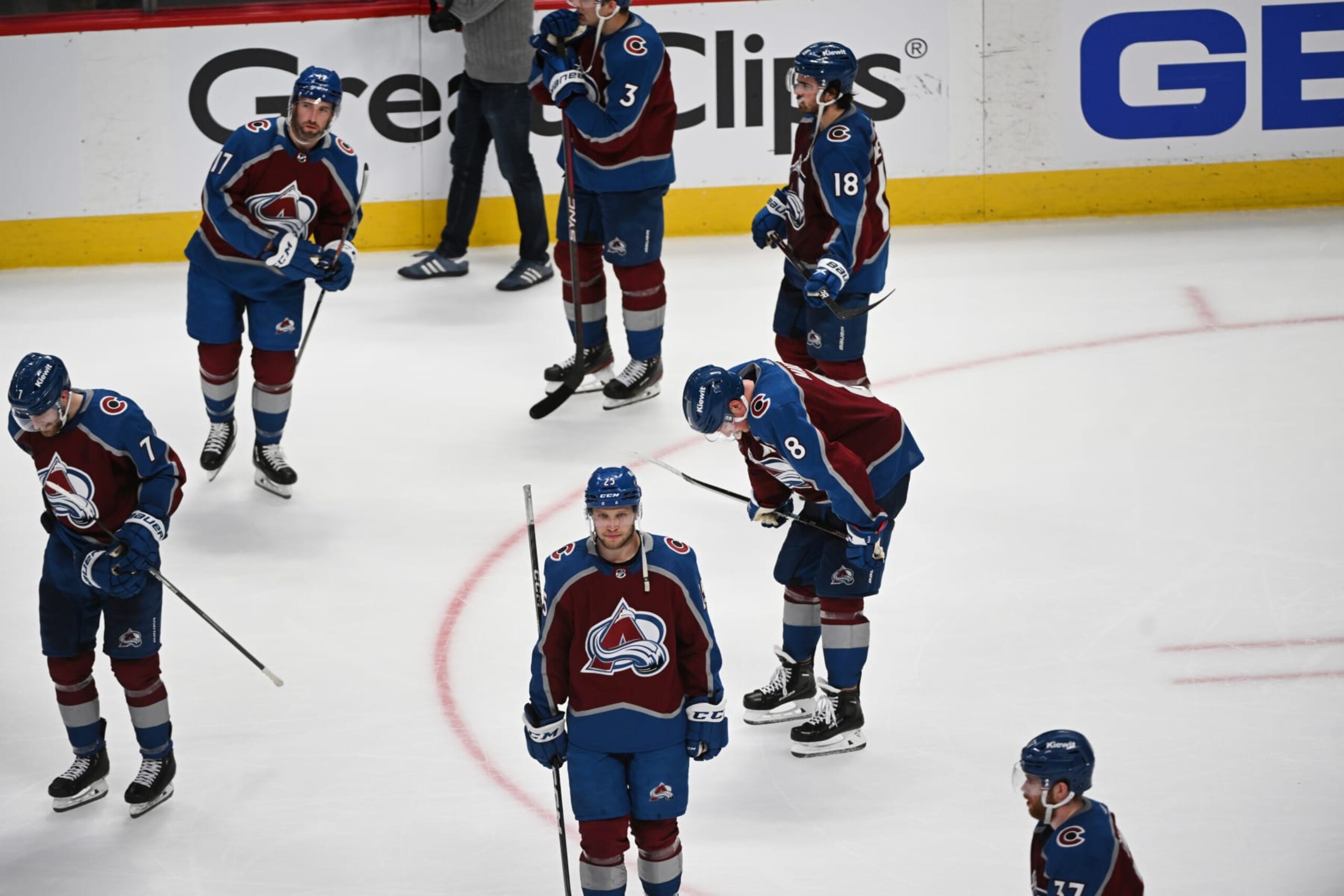 DENVER, CO - APRIL 30: Colorado Avalanche defenseman Cale Makar (8) has his head down on the ice as he and his teammates look dejected after their loss to the Seattle Kraken in Game 7 of the NHL Stanley Cup playoffs at Ball Arena on April 30, 2023 in Denver, Colorado. The Kraken beat the Avalanche 2-1. (Photo by Helen H. Richardson/MediaNews Group/The Denver Post via Getty Images)