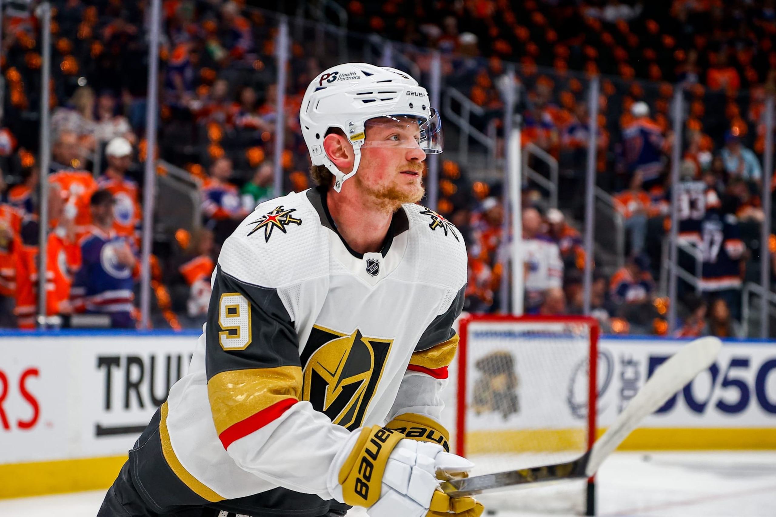 EDMONTON, AB - MAY 14: Vegas Golden Knights Center Jack Eichel (9) takes a lap in warm up of game six in the Western Conference Second Round of the Edmonton Oilers versus the Las Vegas Golden Knights on May 14, 2023 at Rogers Place in Edmonton, AB. (Photo by Curtis Comeau/Icon Sportswire via Getty Images)