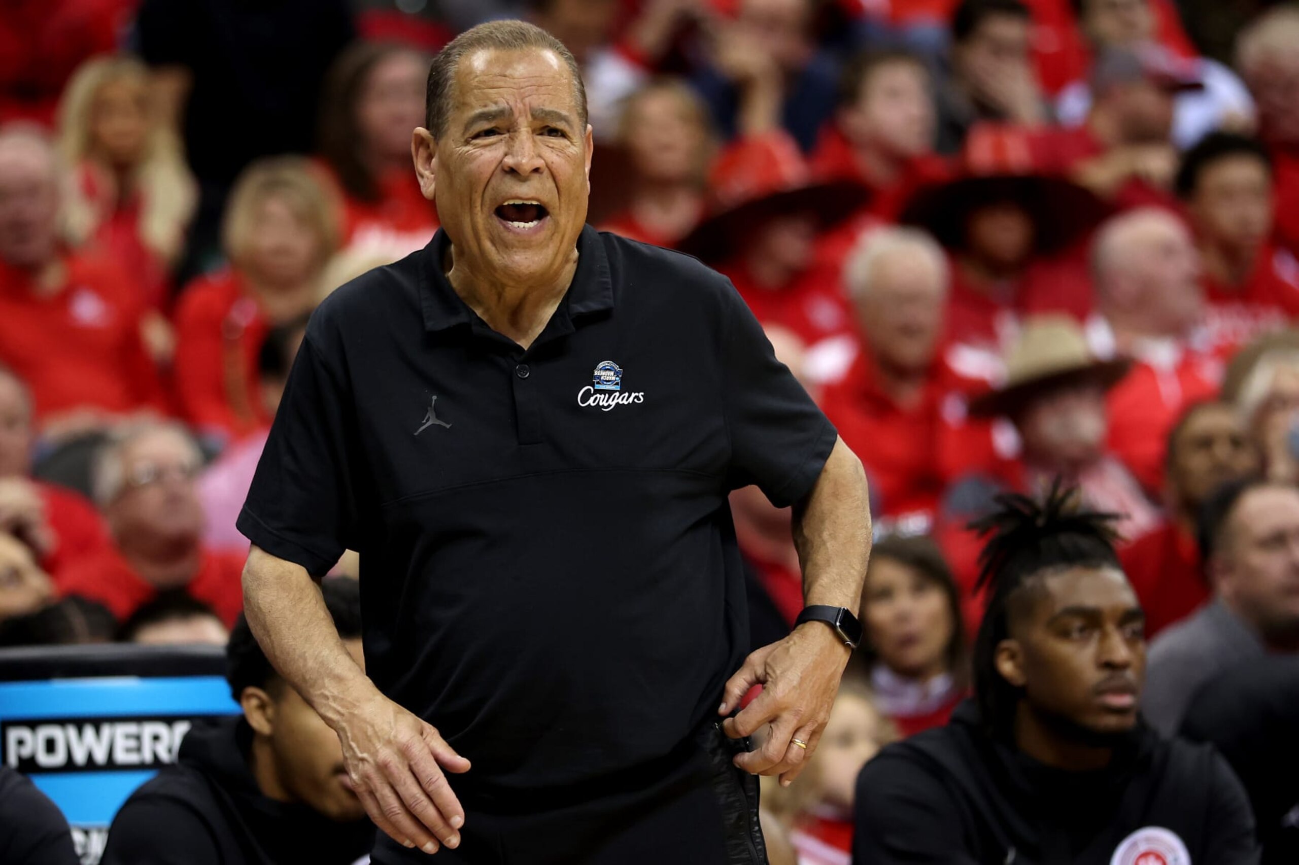 KANSAS CITY, MISSOURI - MARCH 24: Head coach Kelvin Sampson of the Houston Cougars reacts to a play against the Miami Hurricanes during the second half in the Sweet 16 round of the NCAA Men's Basketball Tournament at T-Mobile Center on March 24, 2023 in Kansas City, Missouri. (Photo by Gregory Shamus/Getty Images)