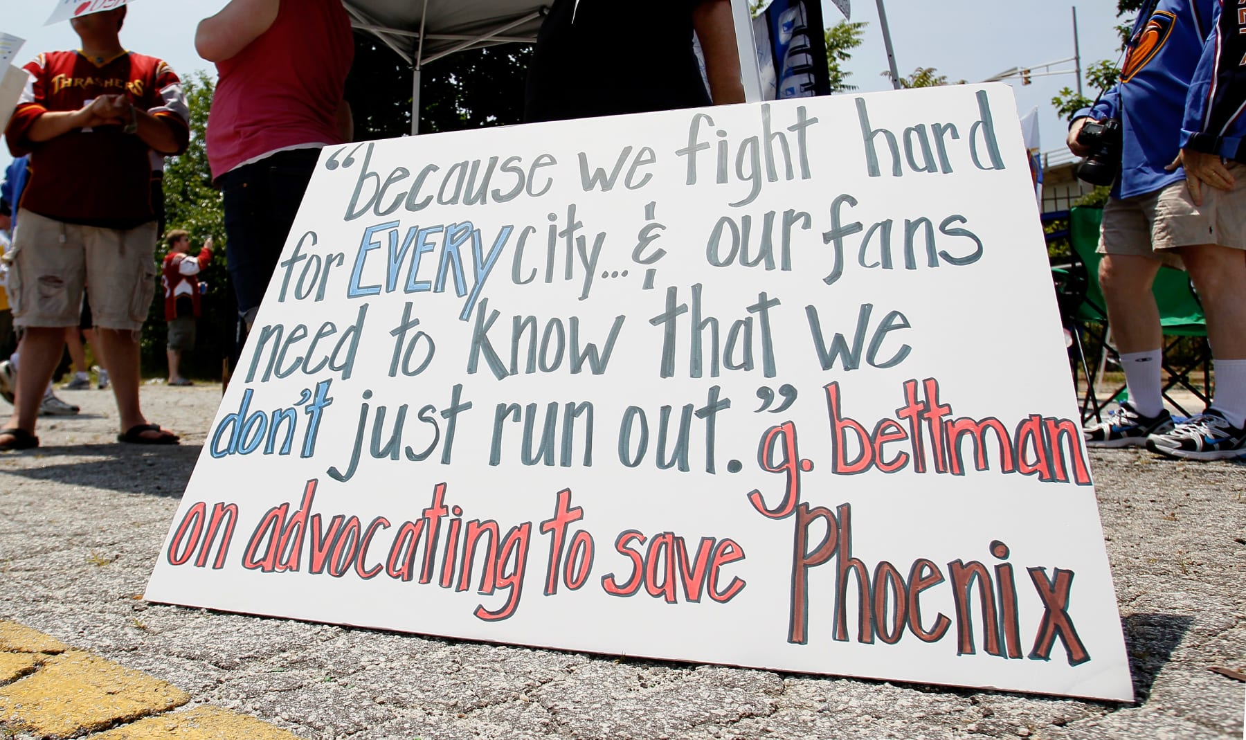 ATLANTA, GA - MAY 21:  A sign displayed outside Philips Arena shows a quote by NHL Commissioner Gary Bettman on his comment about keeping the Phoenix Coyotes in Phoenix as fans hold a rally to keep the Thrashers in Atlanta at Philips Arena on May 21, 2011 in Atlanta, Georgia.  It has been reported the Thrashers may relocate to Winnipeg, Canada.(Photo by Kevin C. Cox/Getty Images)