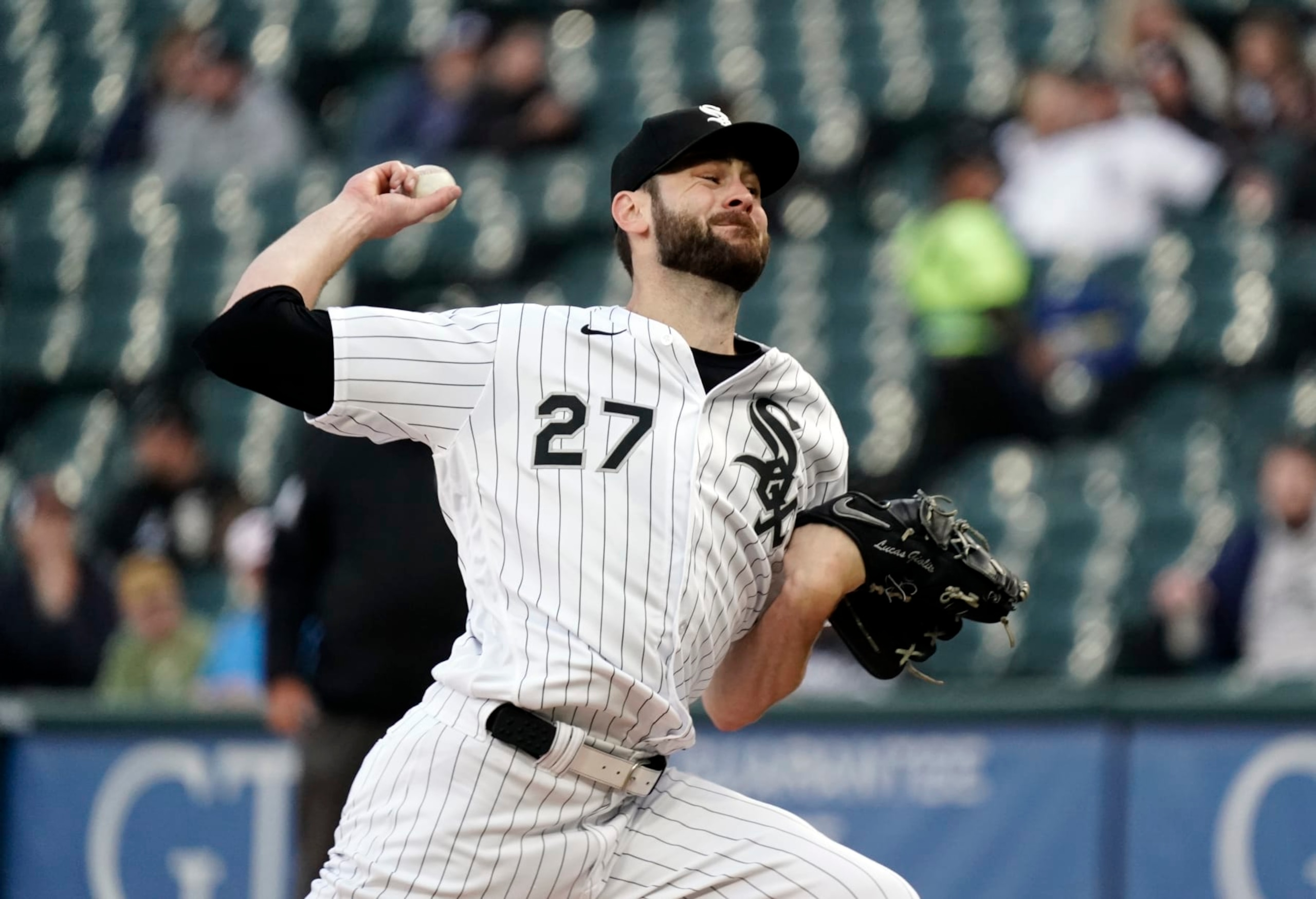 CHICAGO, ILLINOIS - APRIL 28: Lucas Giolito #27 of the Chicago White Sox throws a pitch during the first inning of a game against the Tampa Bay Rays  at Guaranteed Rate Field on April 28, 2023 in Chicago, Illinois. (Photo by Nuccio DiNuzzo/Getty Images)