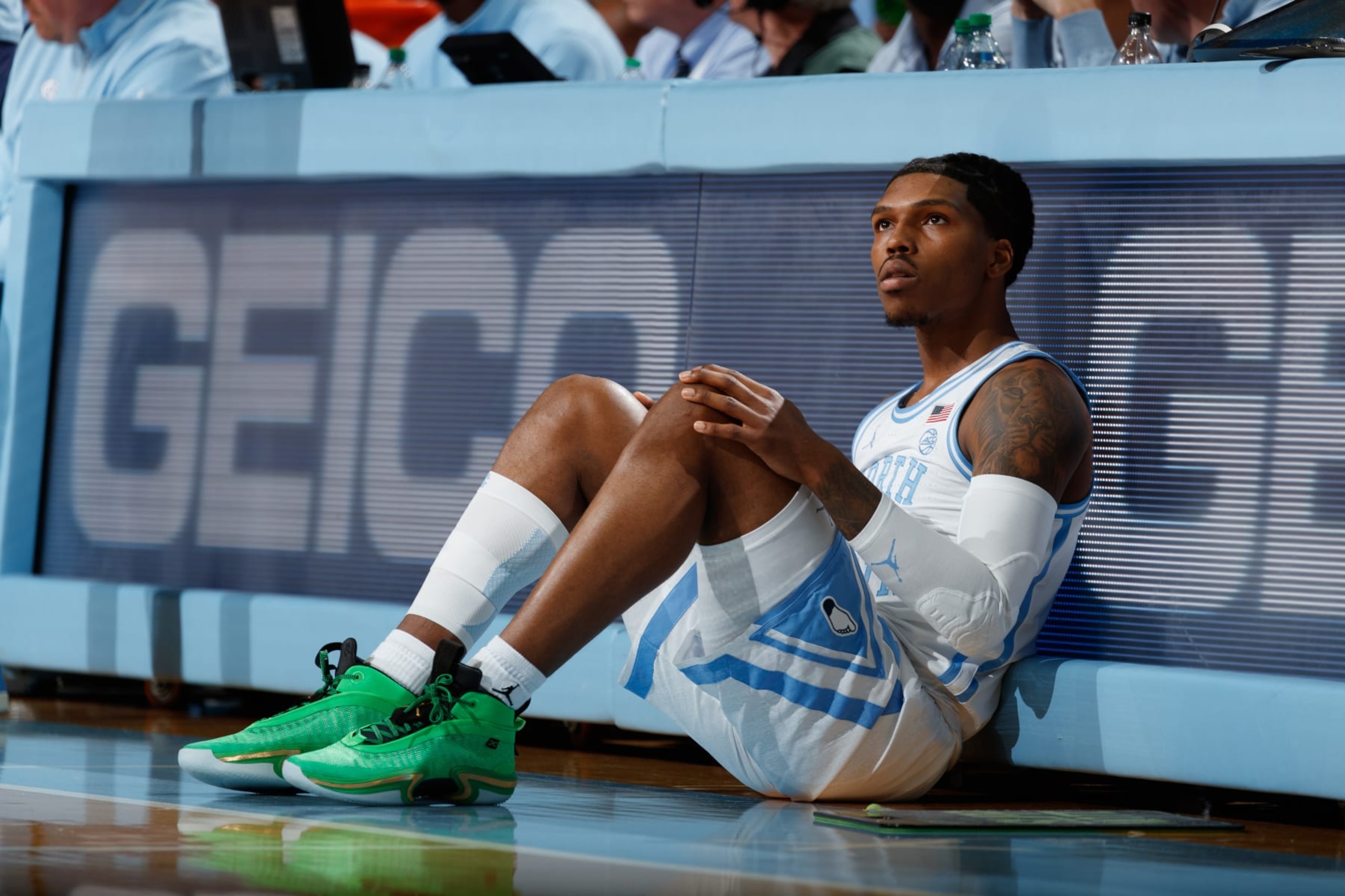 CHAPEL HILL, NC - MARCH 04: Caleb Love #2 of the North Carolina Tar Heels looks on from the sidelines during a game against the Duke Blue Devils on March 04, 2023 at the Dean Smith Center in Chapel Hill, North Carolina. Duke won 62-57. (Photo by Peyton Williams/UNC/Getty Images)