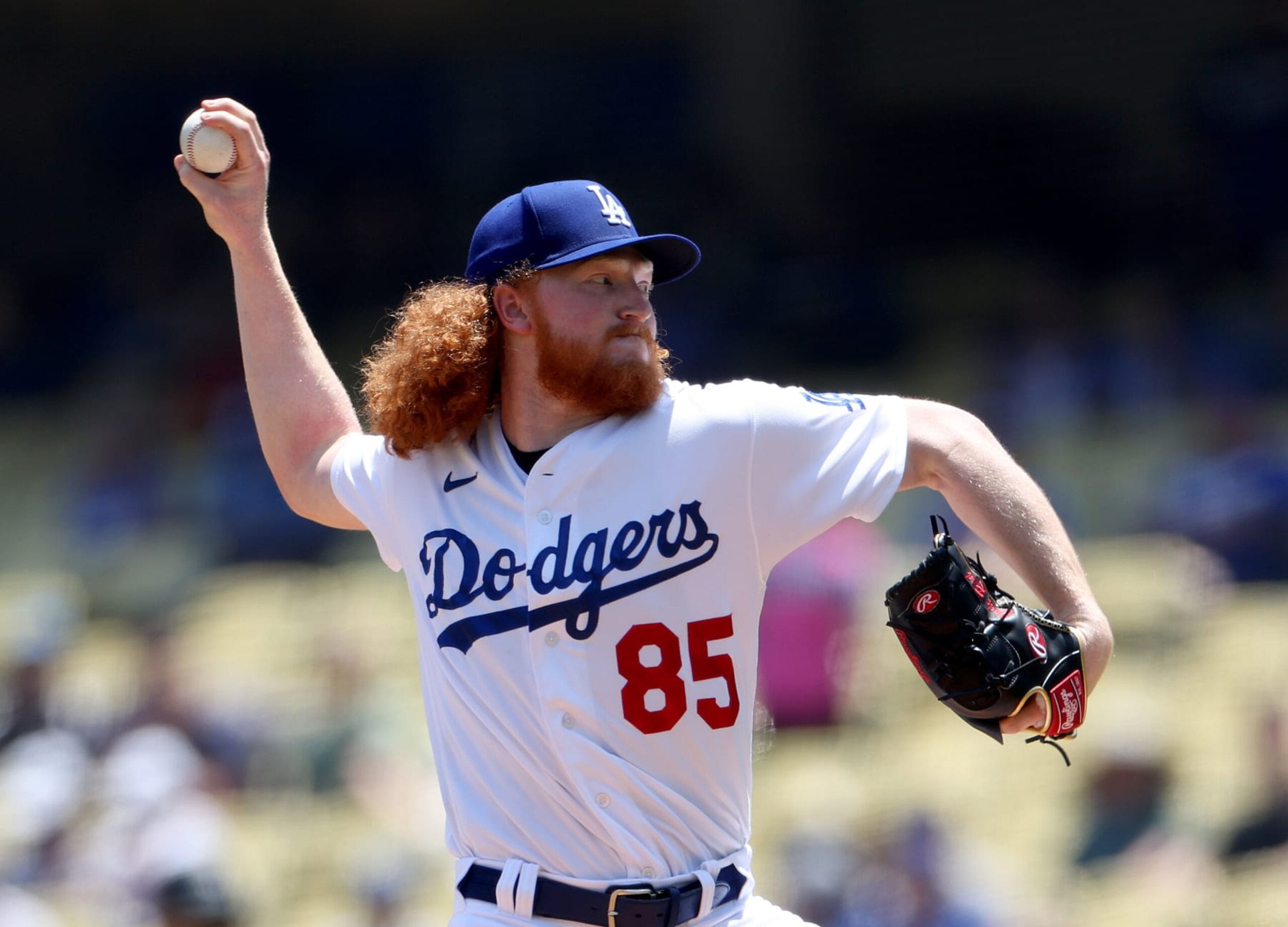 LOS ANGELES, CALIFORNIA - MAY 17: Dustin May #85 of the Los Angeles Dodgers pitches against the Minnesota Twins during the first inning at Dodger Stadium on May 17, 2023 in Los Angeles, California. (Photo by Harry How/Getty Images)