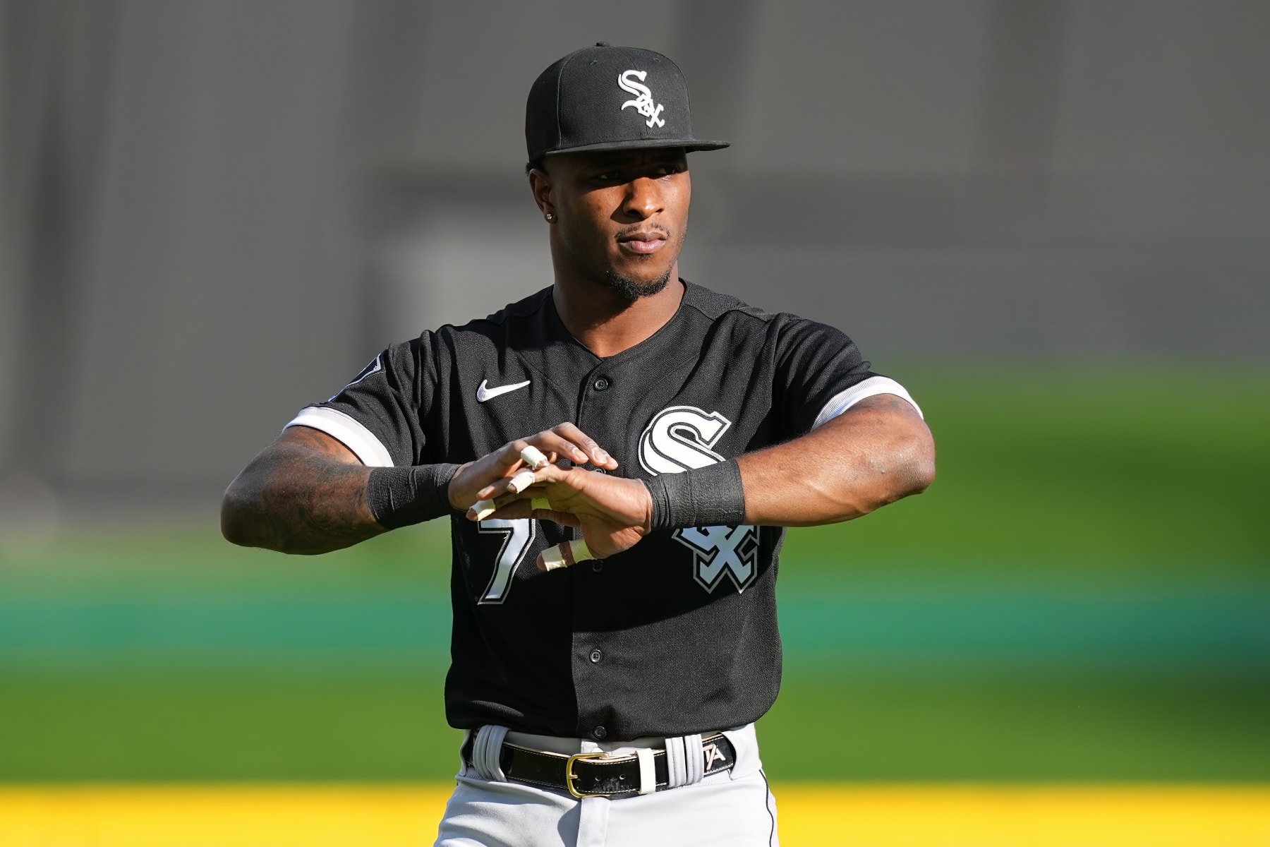 CINCINNATI, OHIO - MAY 05: Tim Anderson #7 of the Chicago White Sox warms up before the game against the Cincinnati Reds at Great American Ball Park on May 05, 2023 in Cincinnati, Ohio. (Photo by Dylan Buell/Getty Images)