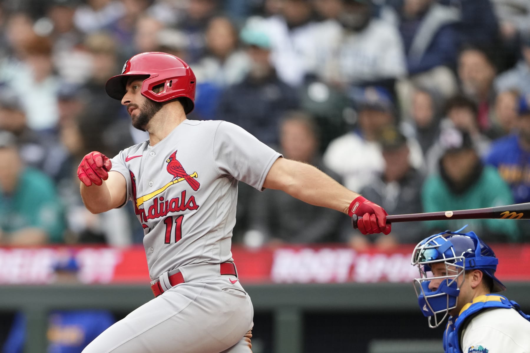 St. Louis Cardinals' Paul DeJong follows through against the Seattle Mariners during a baseball game Sunday, April 23, 2023, in Seattle. (AP Photo/Lindsey Wasson)