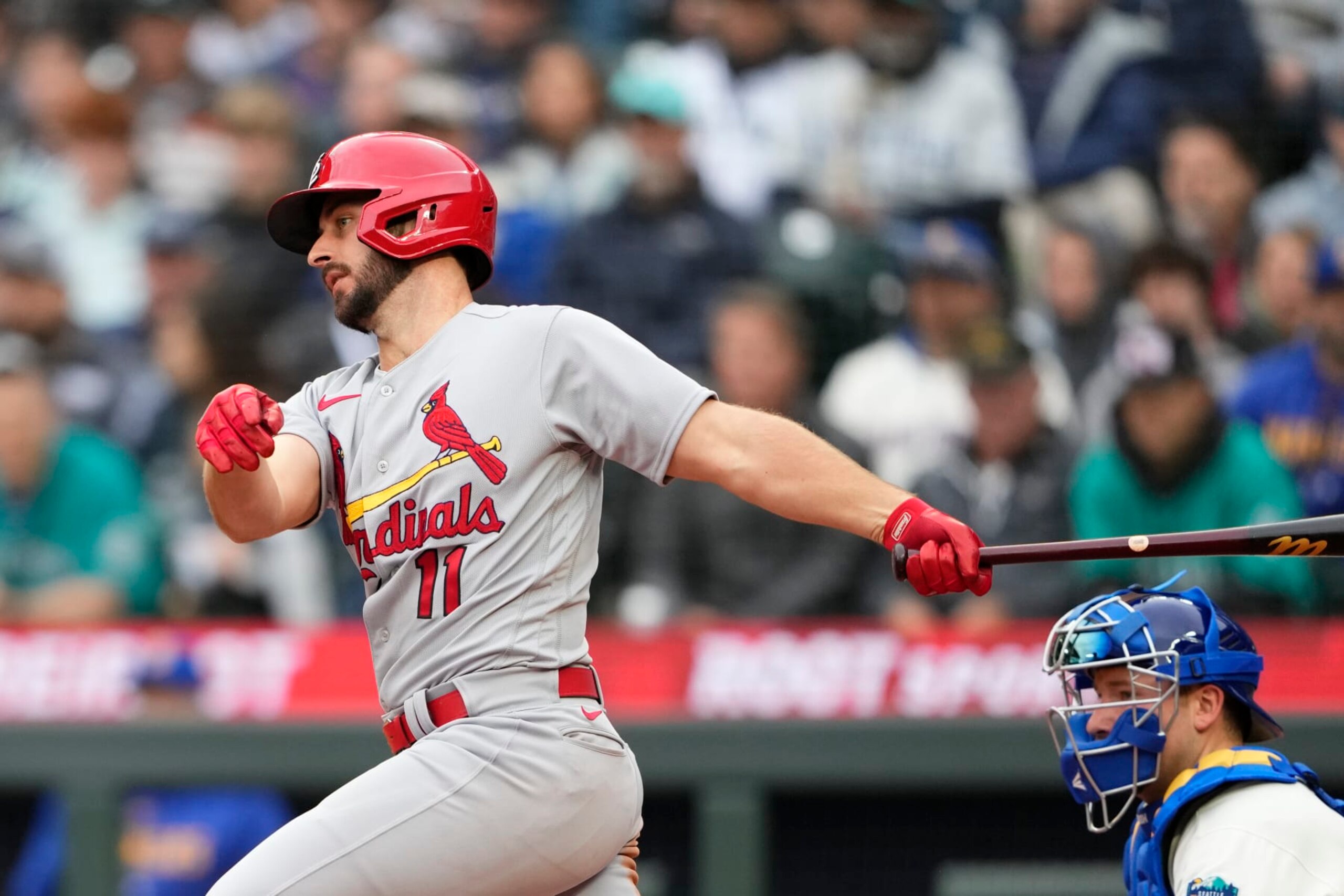 St. Louis Cardinals' Paul DeJong follows through against the Seattle Mariners during a baseball game Sunday, April 23, 2023, in Seattle. (AP Photo/Lindsey Wasson)