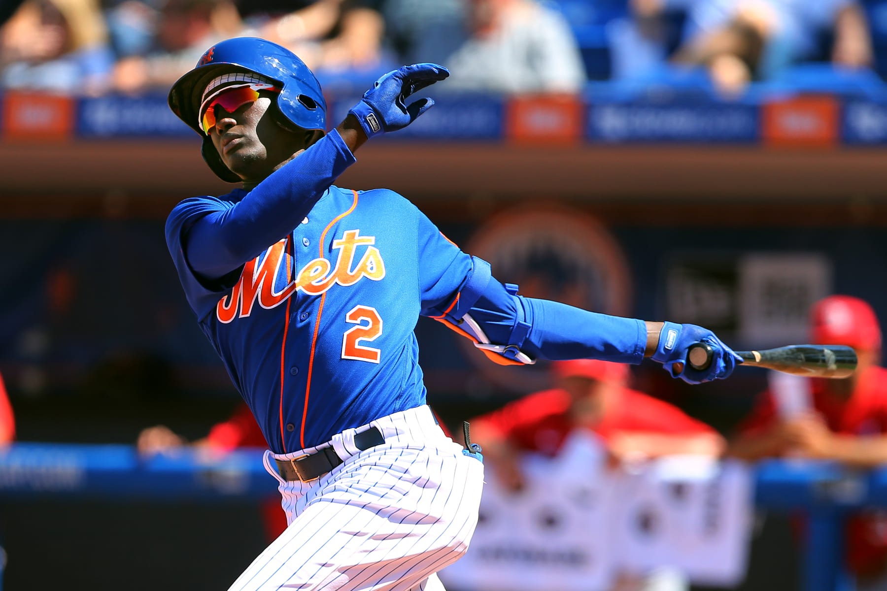 PORT ST. LUCIE, FL - MARCH 11: Ronny Mauricio #2 of the New York Mets in action against the St. Louis Cardinals during a spring training baseball game at Clover Park at on March 11, 2020 in Port St. Lucie, Florida. (Photo by Rich Schultz/Getty Images)