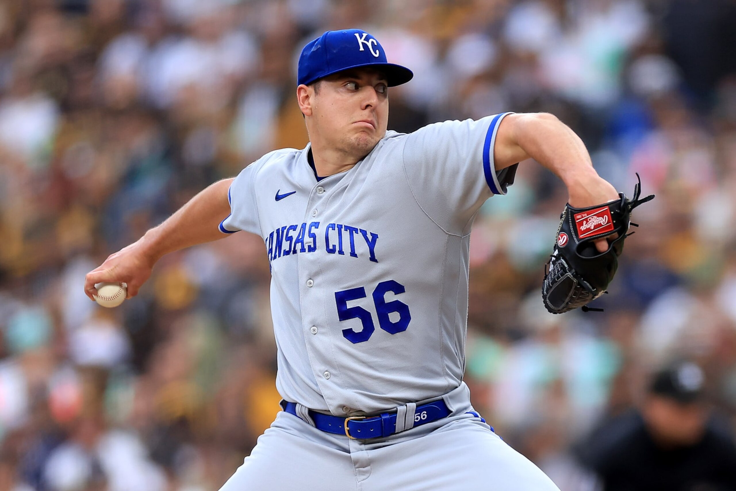 SAN DIEGO, CALIFORNIA - MAY 15: Brad Keller #56 of the Kansas City Royals pitches during the first inning of a game against the San Diego Padres at PETCO Park on May 15, 2023 in San Diego, California. (Photo by Sean M. Haffey/Getty Images)