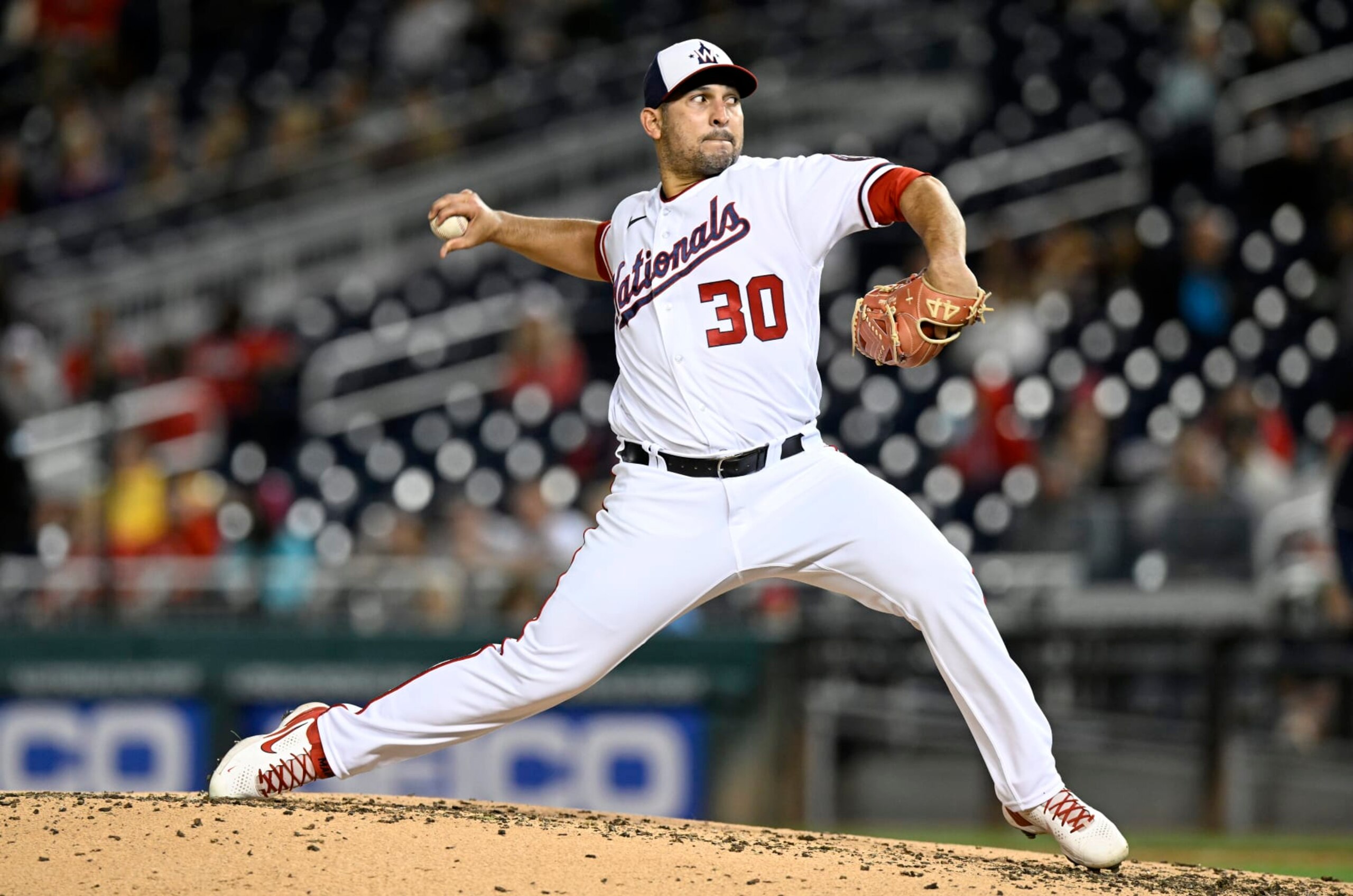 WASHINGTON, DC - SEPTEMBER 27: Paolo Espino #30 of the Washington Nationals pitches in the fourth inning against the Atlanta Braves at Nationals Park on September 27, 2022 in Washington, DC. (Photo by Greg Fiume/Getty Images)