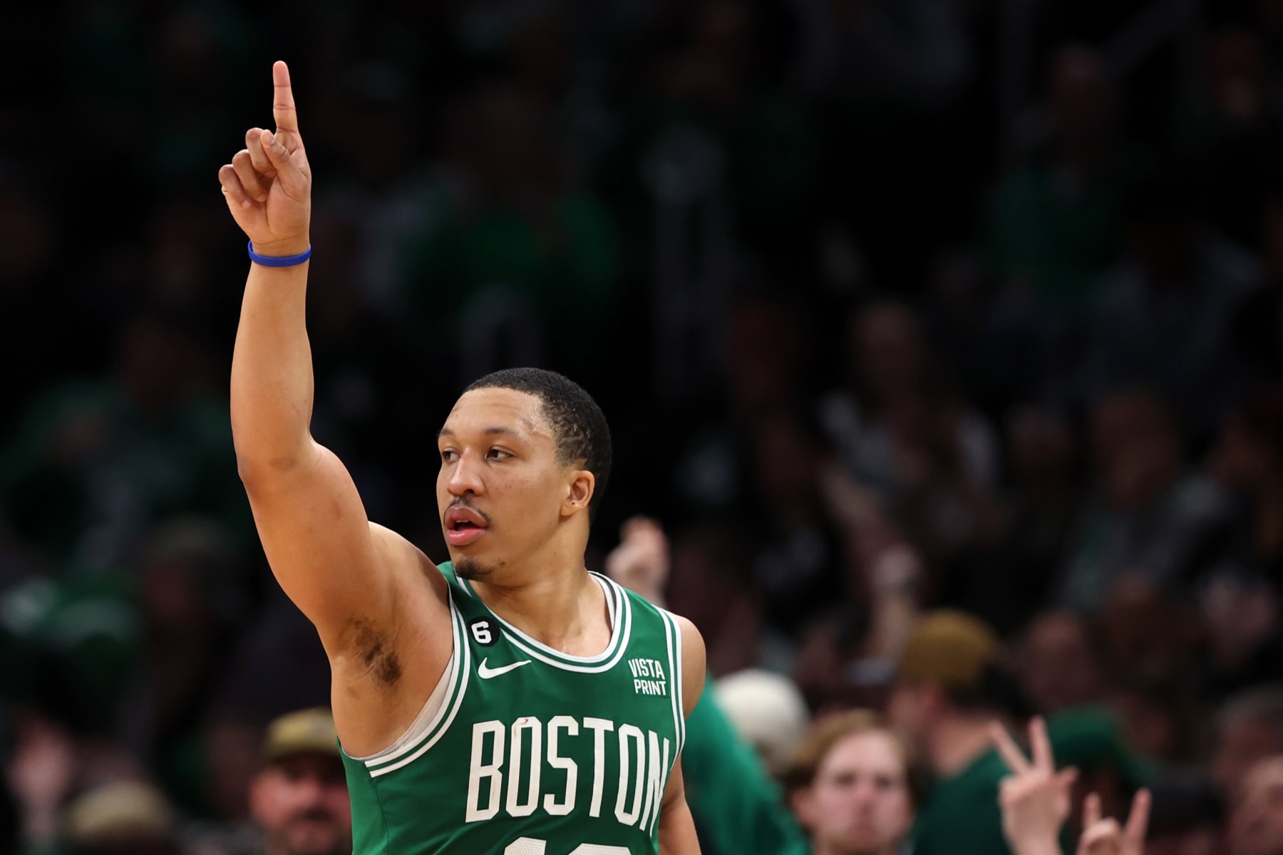 BOSTON, MASSACHUSETTS - MAY 03: Grant Williams #12 of the Boston Celtics celebrates during game two of the Eastern Conference Second Round Playoffs against the Philadelphia 76ers at TD Garden on May 03, 2023 in Boston, Massachusetts. The Celtics defeat the 76ers 121-87. NOTE TO USER: User expressly acknowledges and agrees that, by downloading and or using this photograph, User is consenting to the terms and conditions of the Getty Images License Agreement. (Photo by Maddie Meyer/Getty Images)