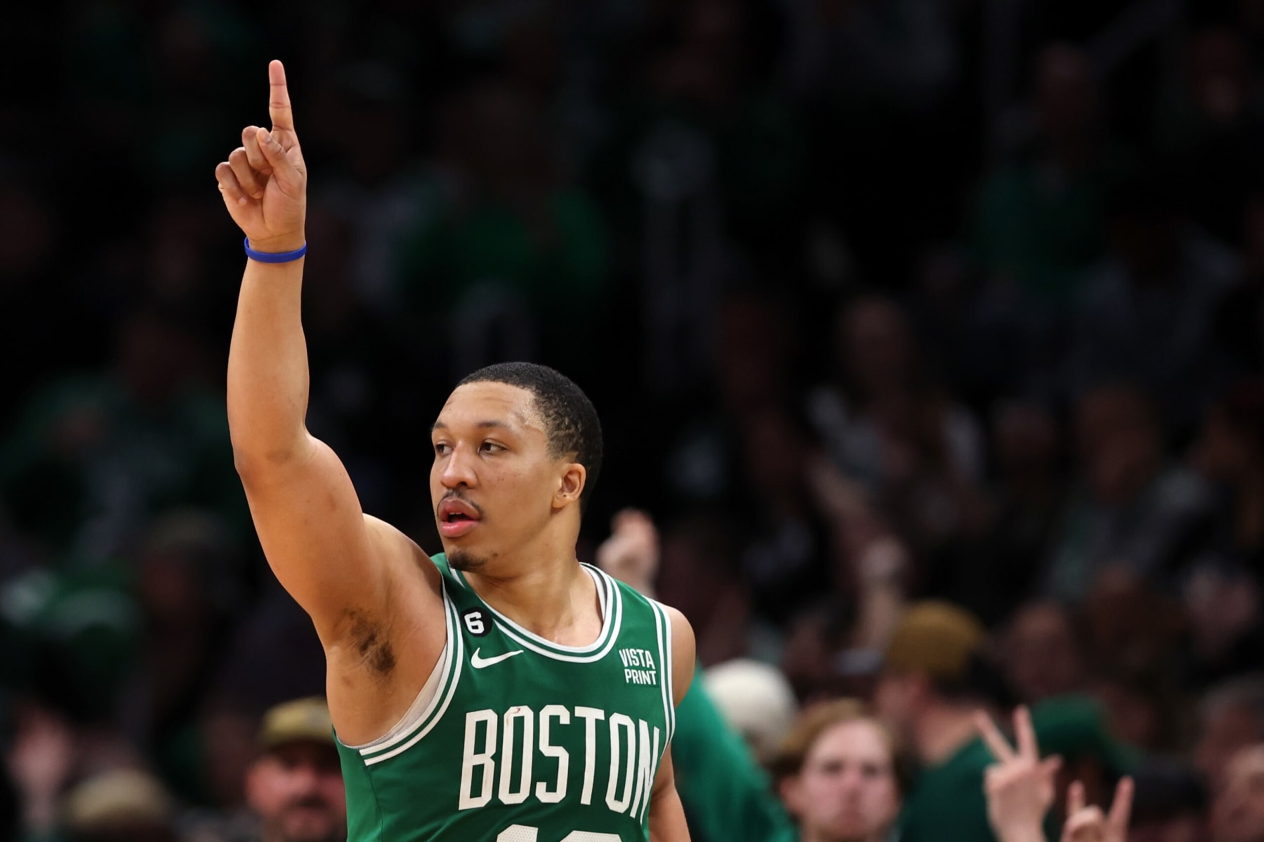 BOSTON, MASSACHUSETTS - MAY 03: Grant Williams #12 of the Boston Celtics celebrates during game two of the Eastern Conference Second Round Playoffs against the Philadelphia 76ers at TD Garden on May 03, 2023 in Boston, Massachusetts. The Celtics defeat the 76ers 121-87. NOTE TO USER: User expressly acknowledges and agrees that, by downloading and or using this photograph, User is consenting to the terms and conditions of the Getty Images License Agreement. (Photo by Maddie Meyer/Getty Images)