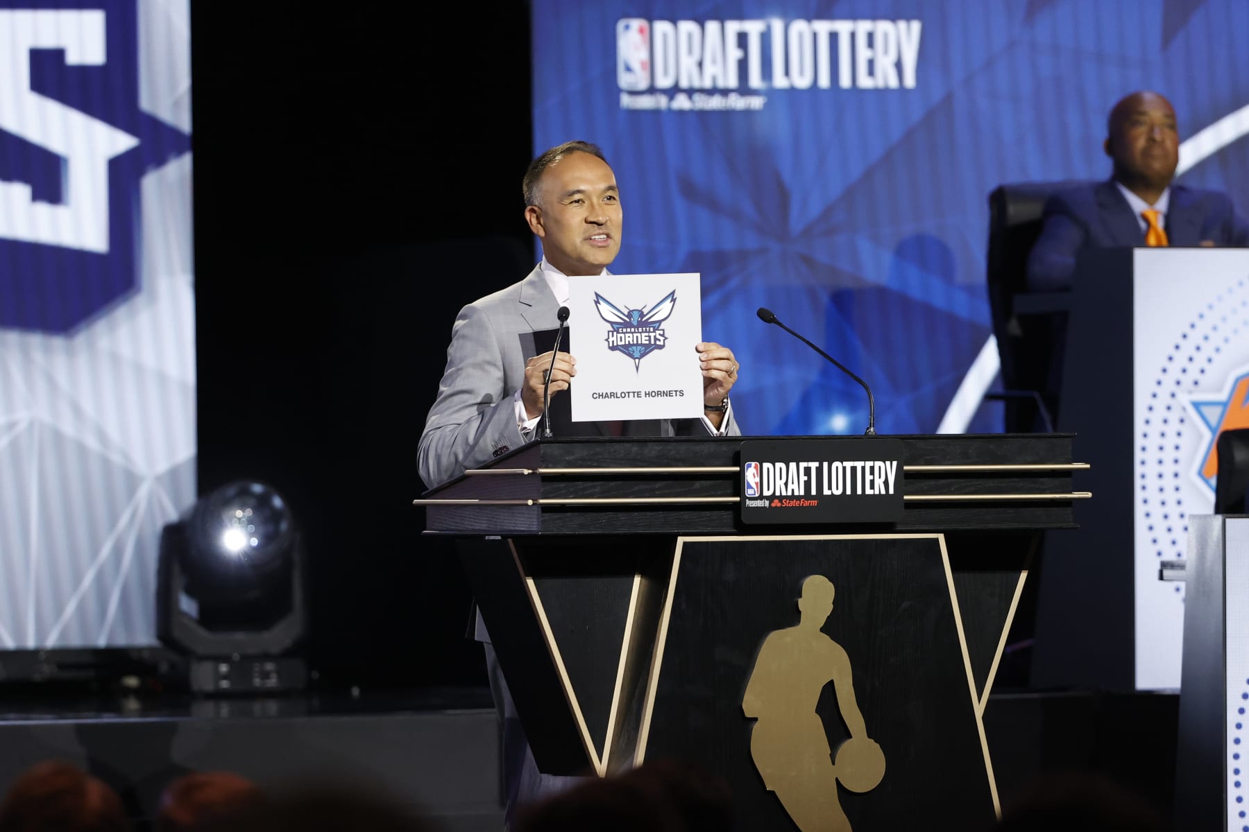 CHICAGO,IL - MAY 17: Deputy Commissioner of the NBA, Mark Tatum announces the Charlotte Hornets as the 13th overall pick for the NBA Draft  during the 2022 NBA Draft Lottery at McCormick Place on May 17, 2022 in Chicago, Illinois. NOTE TO USER: User expressly acknowledges and agrees that, by downloading and or using this photograph, User is consenting to the terms and conditions of the Getty Images License Agreement. Mandatory Copyright Notice: Copyright 2022 NBAE (Photo by Kamil Krzaczynski/NBAE via Getty Images)