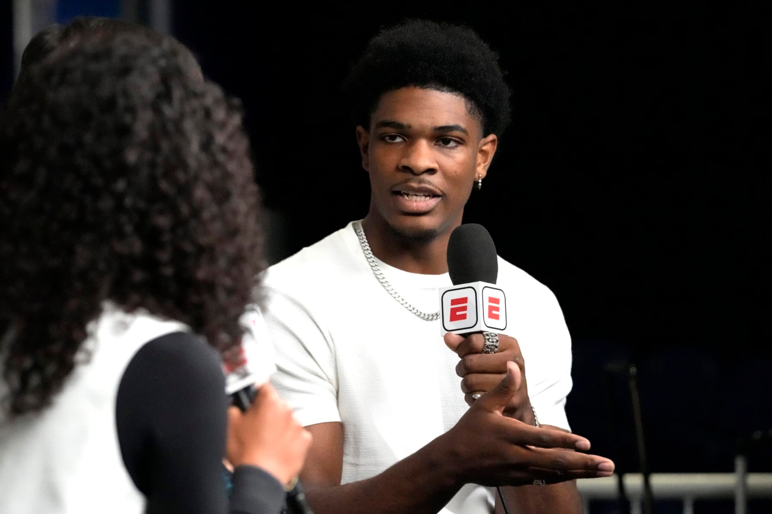 Scoot Henderson talks to the media during the NBA basketball draft combine in Chicago, Wednesday, May 17, 2023. (AP Photo/Nam Y. Huh)