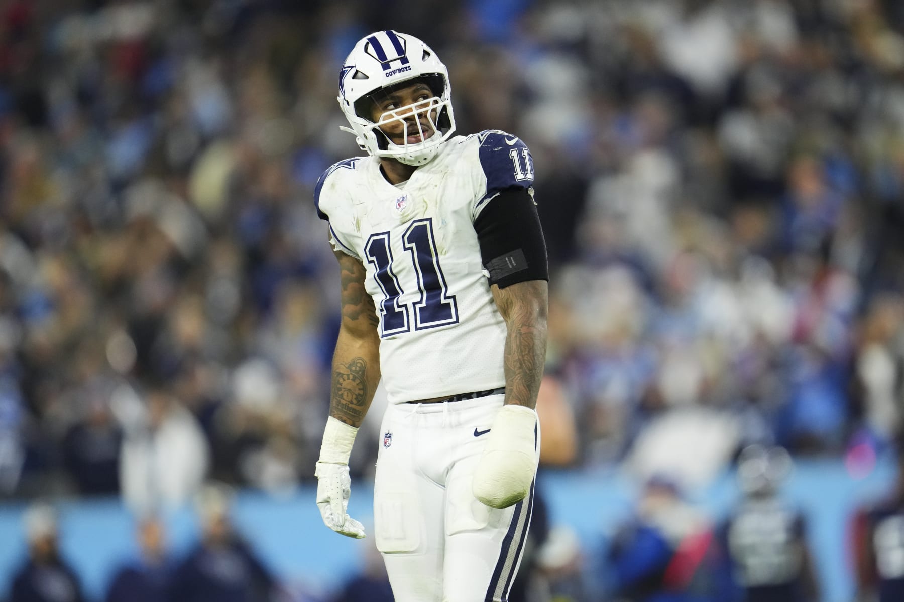 NASHVILLE, TN - DECEMBER 29: Micah Parsons #11 of the Dallas Cowboys looks toward the stands against the Tennessee Titans at Nissan Stadium on December 29, 2022 in Nashville, Tennessee. (Photo by Cooper Neill/Getty Images)
