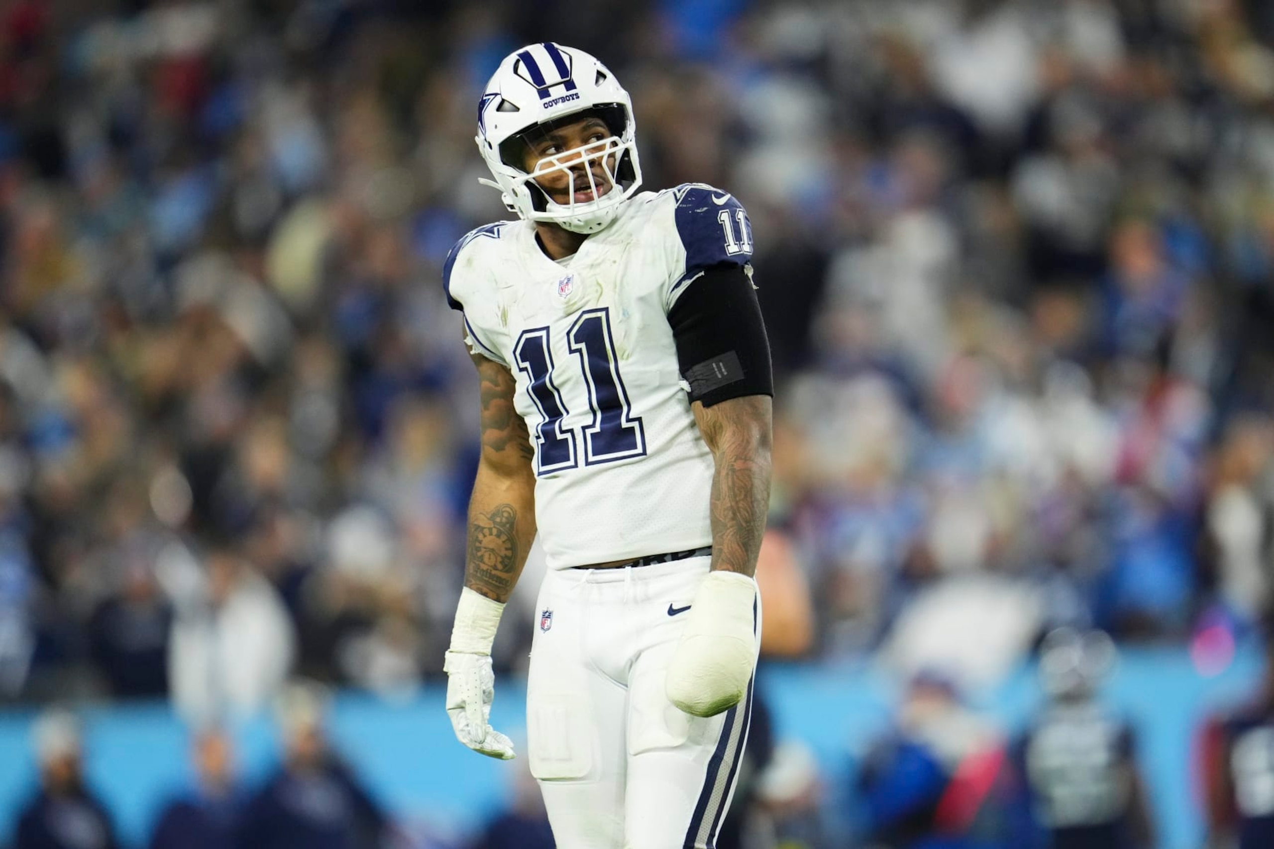 NASHVILLE, TN - DECEMBER 29: Micah Parsons #11 of the Dallas Cowboys looks toward the stands against the Tennessee Titans at Nissan Stadium on December 29, 2022 in Nashville, Tennessee. (Photo by Cooper Neill/Getty Images)