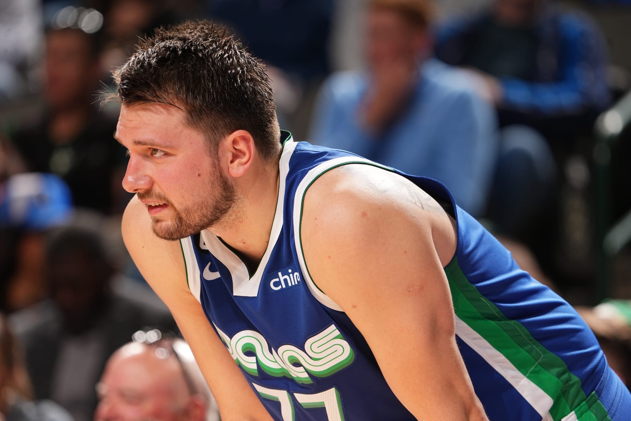 DALLAS, TX - APRIL 5: Luka Doncic #77 of the Dallas Mavericks looks on during the game against the Sacramento Kings on April 5, 2023 at the American Airlines Center in Dallas, Texas. NOTE TO USER: User expressly acknowledges and agrees that, by downloading and or using this photograph, User is consenting to the terms and conditions of the Getty Images License Agreement. Mandatory Copyright Notice: Copyright 2023 NBAE (Photo by Glenn James/NBAE via Getty Images)