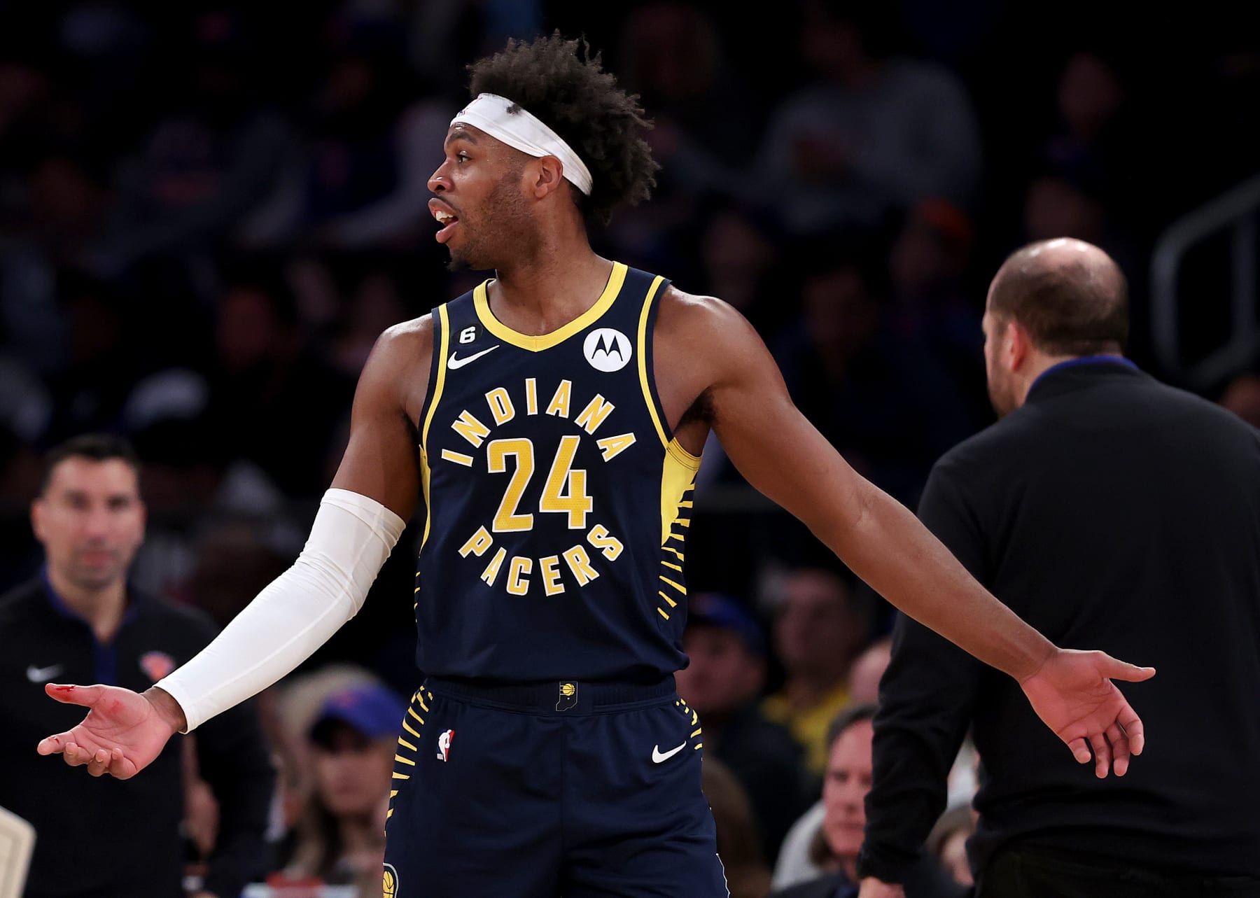 NEW YORK, NEW YORK - APRIL 09:  Buddy Hield #24 of the Indiana Pacers reacts after he cut his hand in the second half against the New York Knicks at Madison Square Garden on April 09, 2023 in New York City. NOTE TO USER: User expressly acknowledges and agrees that, by downloading and or using this photograph, User is consenting to the terms and conditions of the Getty Images License Agreement. (Photo by Elsa/Getty Images)