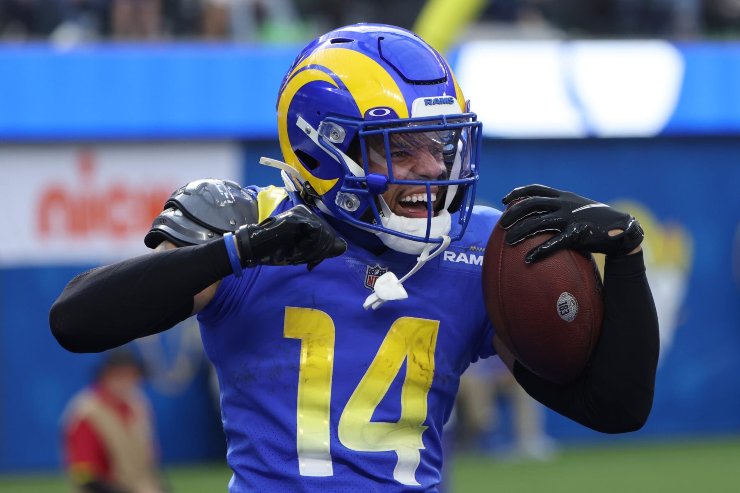 INGLEWOOD, CALIFORNIA - Cobie Durant #14 of the Los Angeles Rams celebrates an interception during the first quarter of the game against the Denver Broncos at SoFi Stadium on December 25, 2022 in Inglewood, California. (Photo by Katelyn Mulcahy/Getty Images)