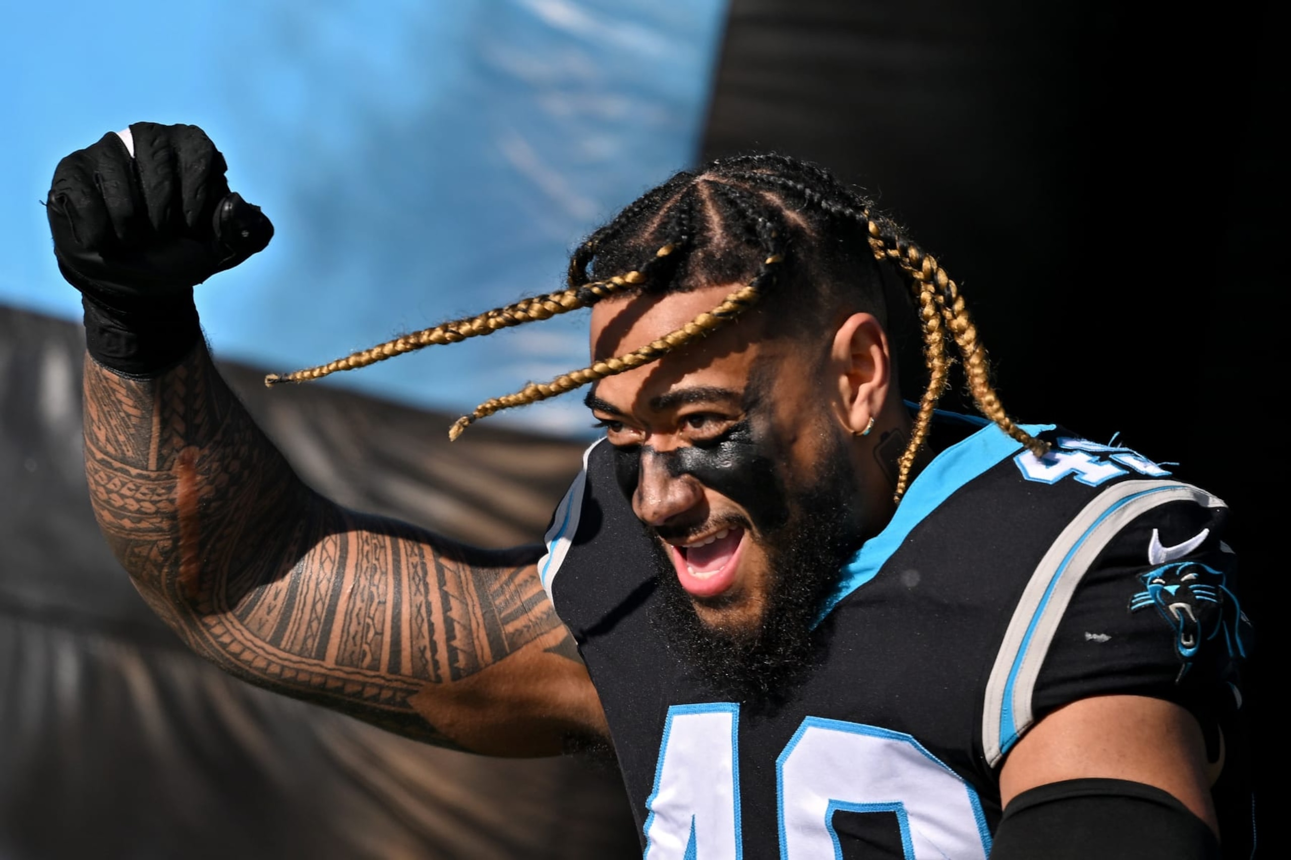 CHARLOTTE, NORTH CAROLINA - DECEMBER 18: Frankie Luvu #49 of the Carolina Panthers takes the field prior to a game against the Pittsburgh Steelers at Bank of America Stadium on December 18, 2022 in Charlotte, North Carolina. (Photo by Grant Halverson/Getty Images)