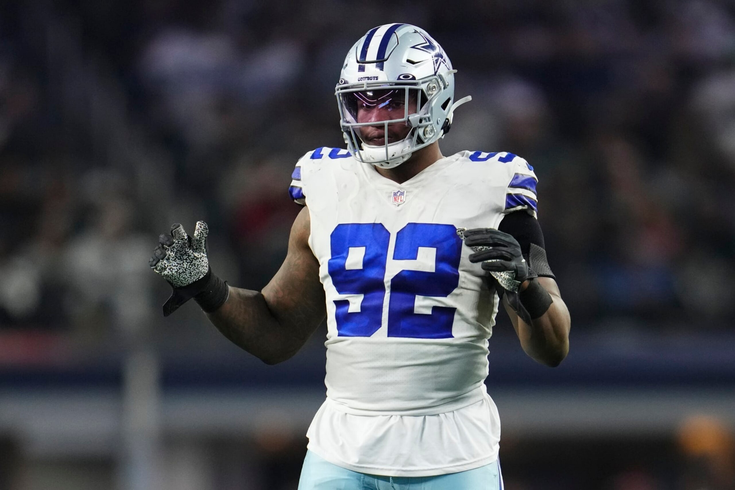 ARLINGTON, TX - DECEMBER 24: Dorance Armstrong #92 of the Dallas Cowboys defends against the Philadelphia Eagles at AT&T Stadium on December 24, 2022 in Arlington, Texas. (Photo by Cooper Neill/Getty Images)