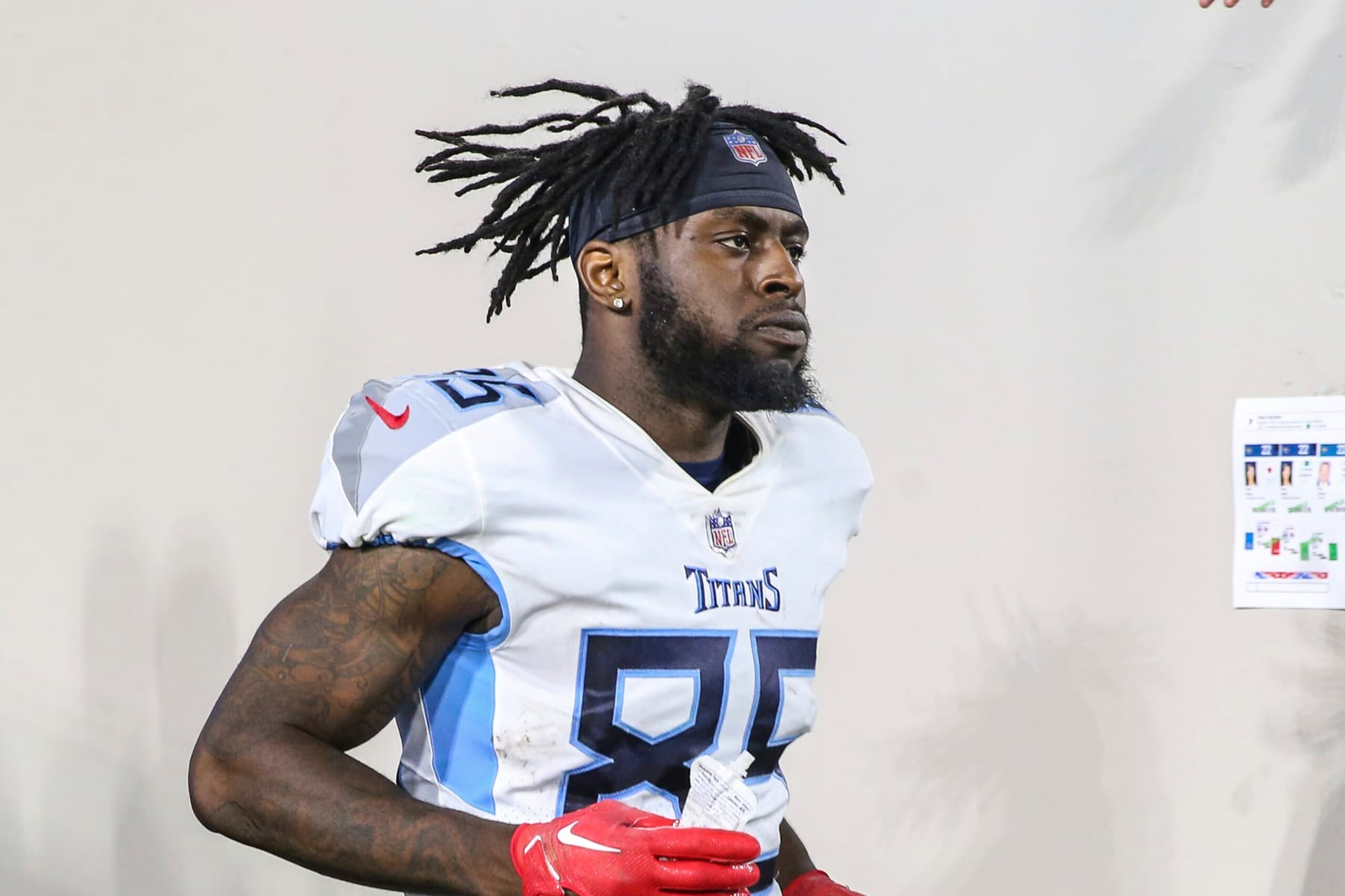 Tennessee Titans tight end Chigoziem Okonkwo (85) jogs onto the field after halftime of an NFL football game against the Jacksonville Jaguars, Saturday, Jan. 7, 2023, in Jacksonville, Fla. The Jaguars defeated the Titans 20-16. (AP Photo/Gary McCullough)