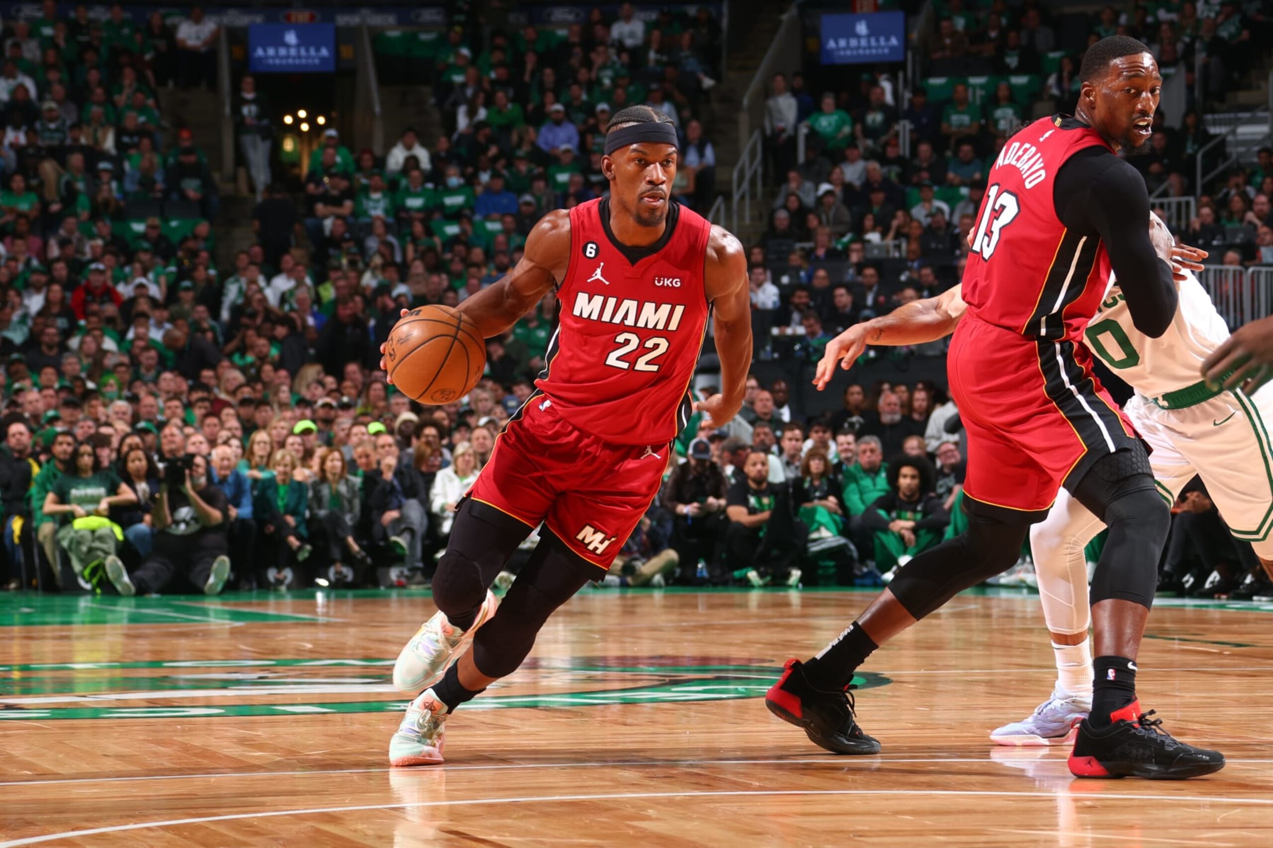 BOSTON, MA - MAY 17: Jimmy Butler #22 of the Miami Heat dribbles the ball during Game One of the Eastern Conference Finals against the Boston Celtics on May 17, 2023 at the TD Garden in Boston, Massachusetts. NOTE TO USER: User expressly acknowledges and agrees that, by downloading and or using this photograph, User is consenting to the terms and conditions of the Getty Images License Agreement. Mandatory Copyright Notice: Copyright 2023 NBAE (Photo by Nathaniel S. Butler/NBAE via Getty Images) BOSTON, MA - MAY 17: Jimmy Butler #22 of the Miami Heat dribbles the ball during Game One of the Eastern Conference Finals against the Boston Celtics on May 17, 2023 at the TD Garden in Boston, Massachusetts. NOTE TO USER: User expressly acknowledges and agrees that, by downloading and or using this photograph, User is consenting to the terms and conditions of the Getty Images License Agreement. Mandatory Copyright Notice: Copyright 2023 NBAE (Photo by Nathaniel S. Butler/NBAE via Getty Images)