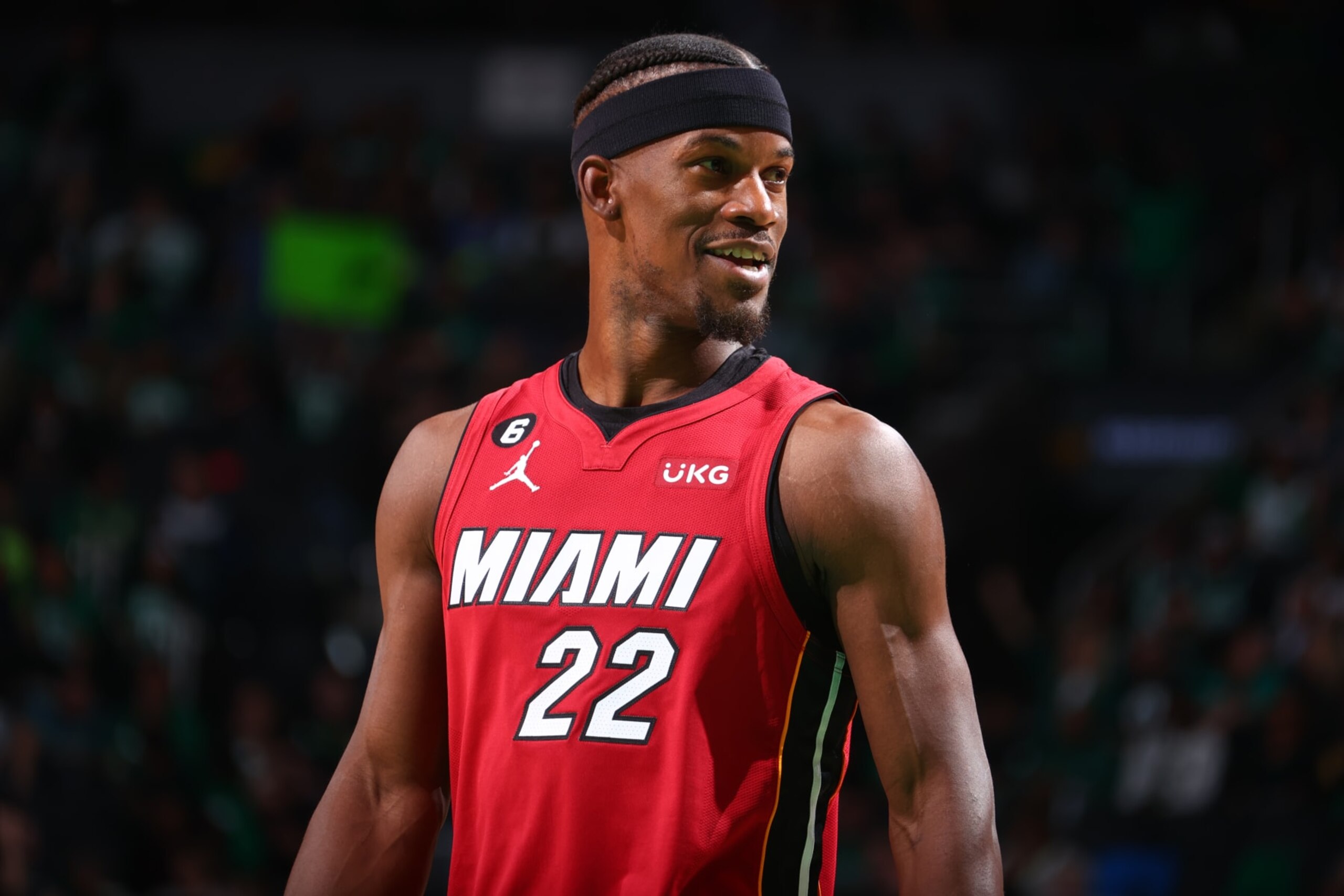 BOSTON, MA - MAY 17: Jimmy Butler #22 of the Miami Heat smiles during Game One of the Eastern Conference Finals against the Boston Celtics on May 17, 2023 at the TD Garden in Boston, Massachusetts. NOTE TO USER: User expressly acknowledges and agrees that, by downloading and or using this photograph, User is consenting to the terms and conditions of the Getty Images License Agreement. Mandatory Copyright Notice: Copyright 2023 NBAE  (Photo by Nathaniel S. Butler/NBAE via Getty Images)