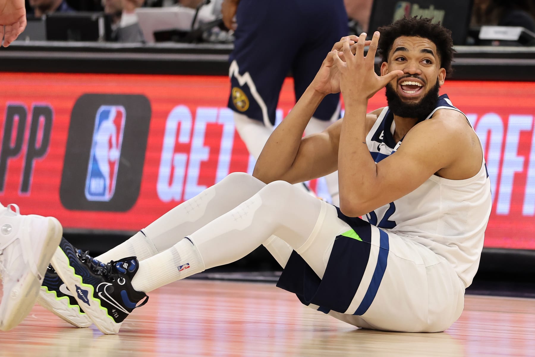 MINNEAPOLIS, MINNESOTA - APRIL 23: Karl-Anthony Towns #32 of the Minnesota Timberwolves reacts to a call during the first quarter against the Denver Nuggets at Target Center on April 23, 2023 in Minneapolis, Minnesota. NOTE TO USER: User expressly acknowledges and agrees that, by downloading and or using this photograph, User is consenting to the terms and conditions of the Getty Images License Agreement. (Photo by Gregory Shamus/Getty Images)