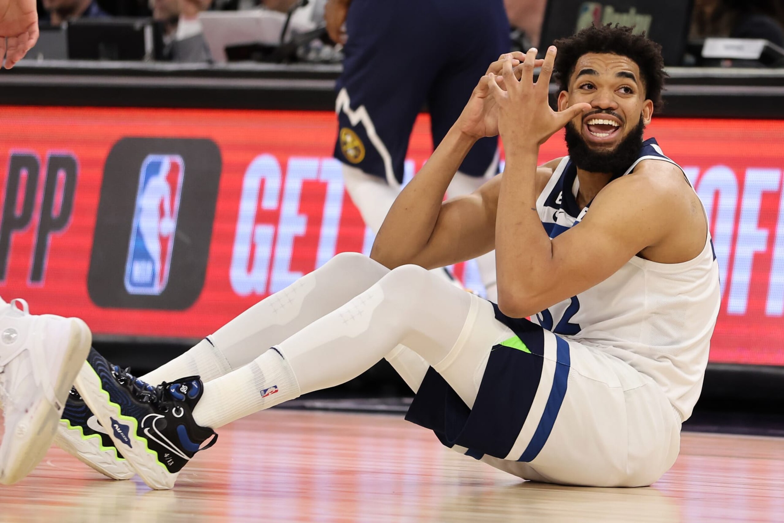 MINNEAPOLIS, MINNESOTA - APRIL 23: Karl-Anthony Towns #32 of the Minnesota Timberwolves reacts to a call during the first quarter against the Denver Nuggets at Target Center on April 23, 2023 in Minneapolis, Minnesota. NOTE TO USER: User expressly acknowledges and agrees that, by downloading and or using this photograph, User is consenting to the terms and conditions of the Getty Images License Agreement. (Photo by Gregory Shamus/Getty Images)