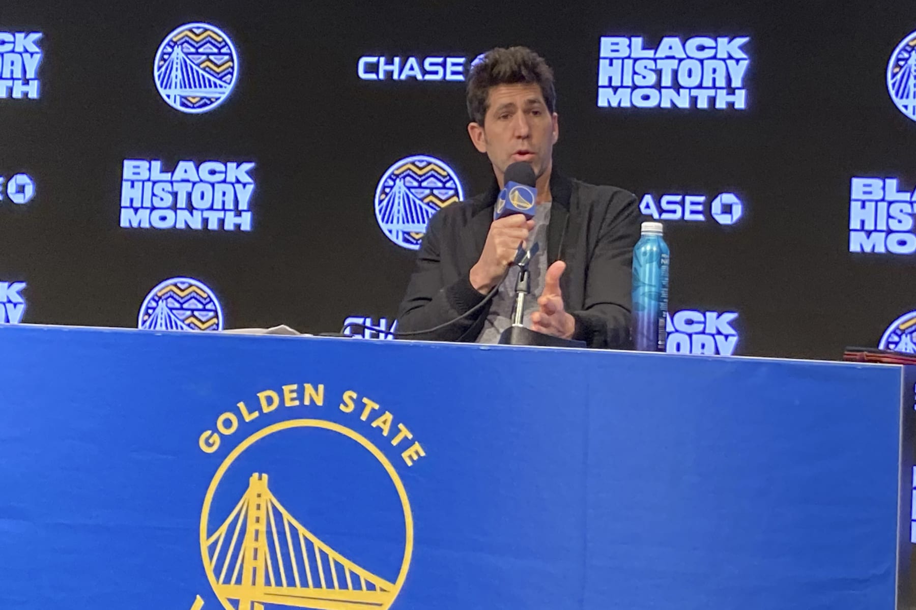 Golden State Warriors general manager Bob Myers speaks during a news conference in San Francisco, Monday, Feb. 13, 2023. Newly acquired Golden State guard Gary Payton II will be out for at least a month as he fully recovers from offseason surgery for a core muscle injury, and Myers is awaiting a decision from the NBA on whether the Trail Blazers withheld anything on Payton's health before trading him. (AP Photo/Janie McCauley)