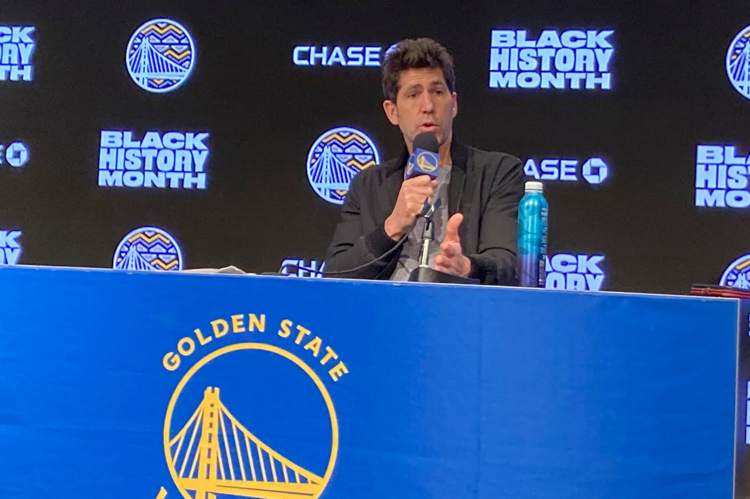 Golden State Warriors general manager Bob Myers speaks during a news conference in San Francisco, Monday, Feb. 13, 2023. Newly acquired Golden State guard Gary Payton II will be out for at least a month as he fully recovers from offseason surgery for a core muscle injury, and Myers is awaiting a decision from the NBA on whether the Trail Blazers withheld anything on Payton's health before trading him. (AP Photo/Janie McCauley)