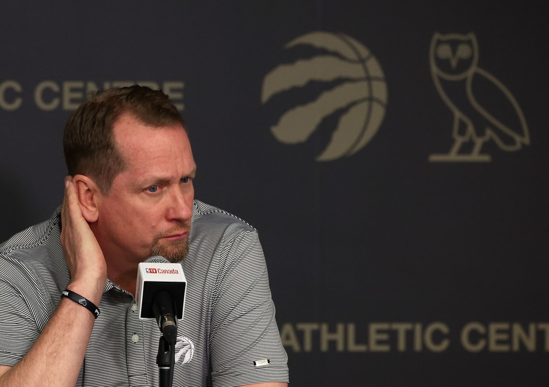 TORONTO, ON- APRIL 13  -  Nick Nurse addresses media a day after the Toronto Raptors fall to the Chicago Bulls 109-105 in the NBA play-in game at OVO Athletic Centre  in Toronto. April 13, 2023.        (Steve Russell/Toronto Star via Getty Images)